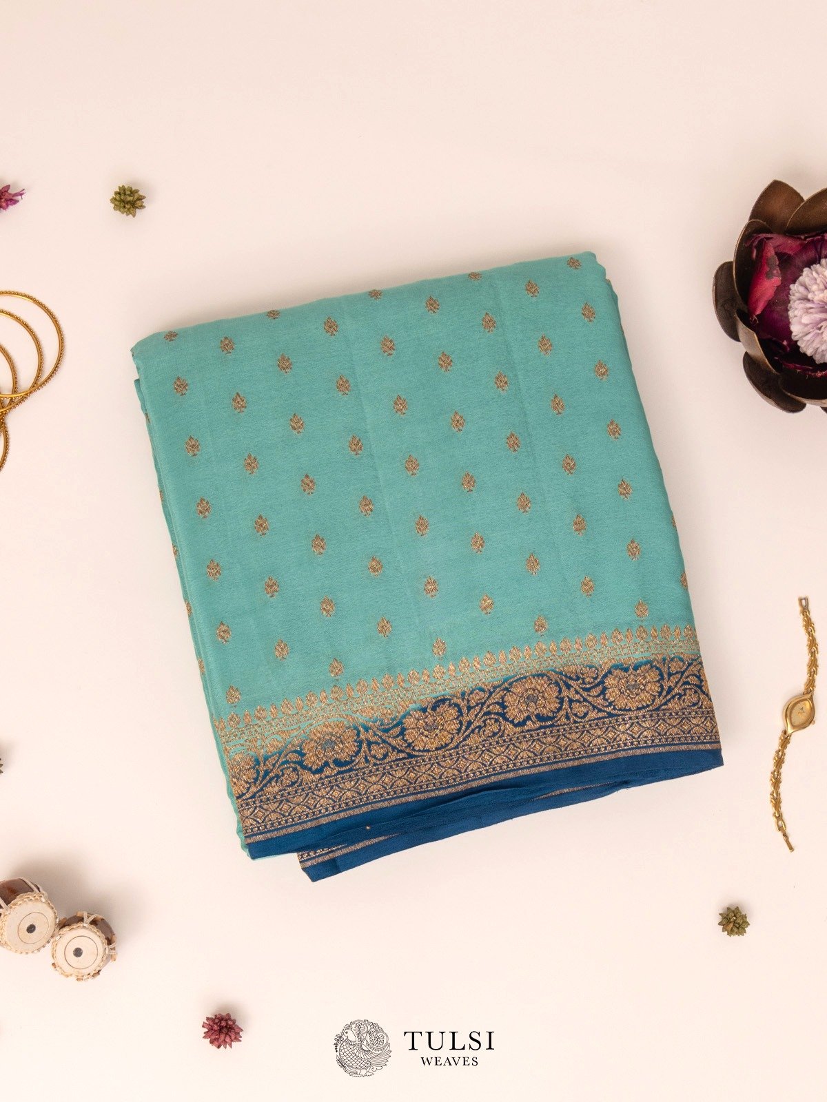 Cyan Banaras Crepe Silk Saree