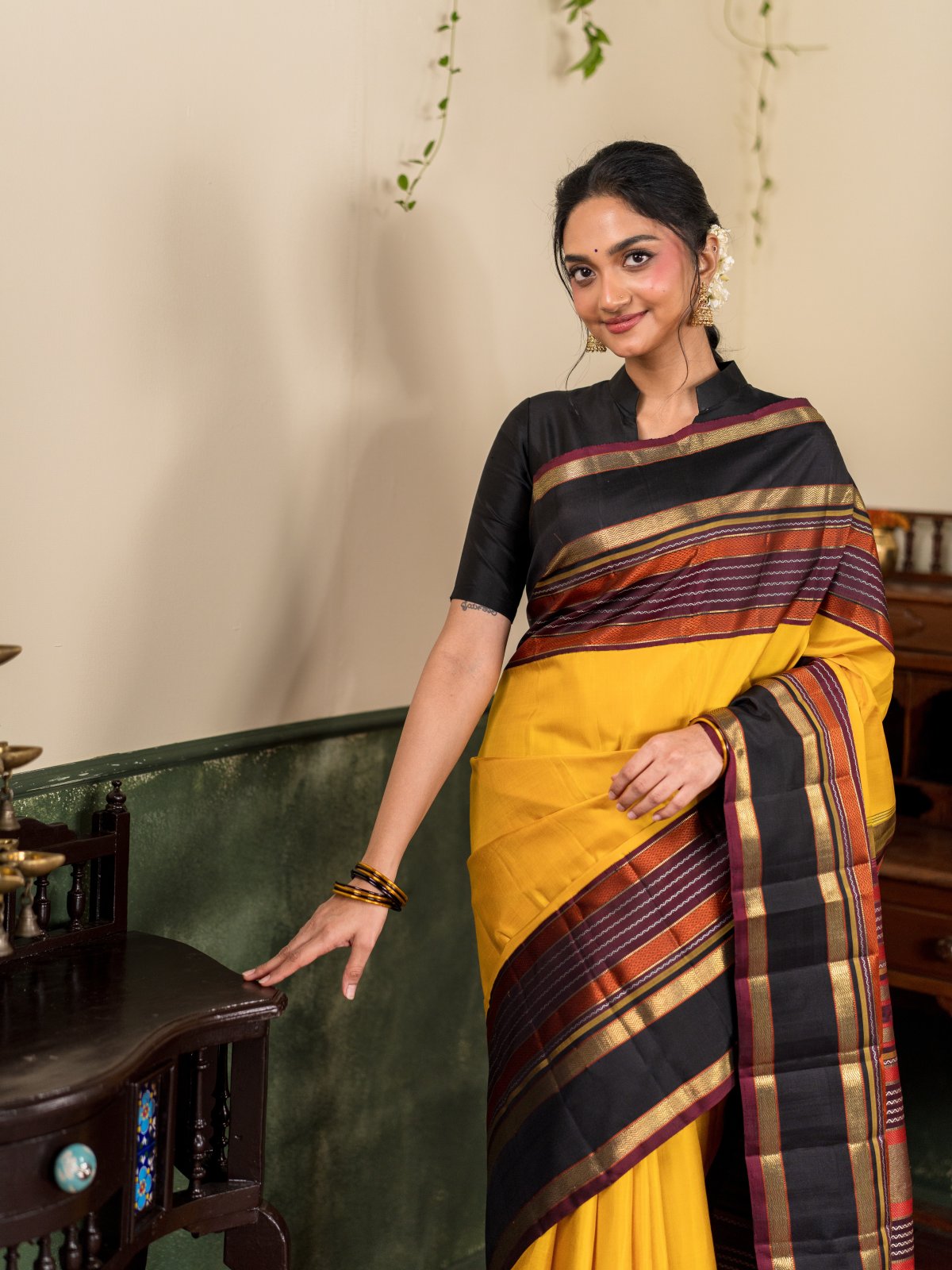 Vintage 123 - Yellow Kanjeevaram Silk Saree With Black Border