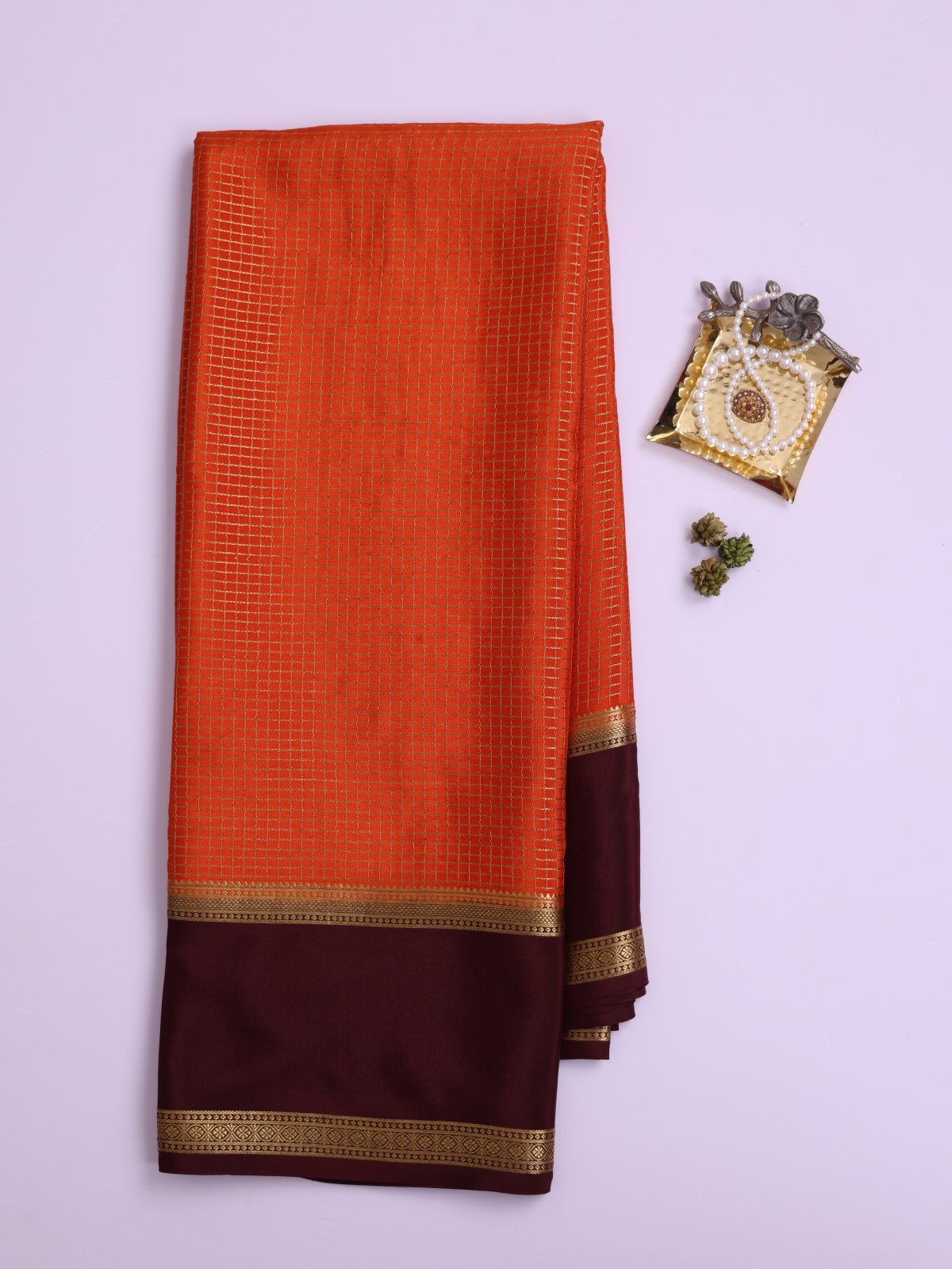 Orange Zari Checked Mysore Silk Saree With Brown Border