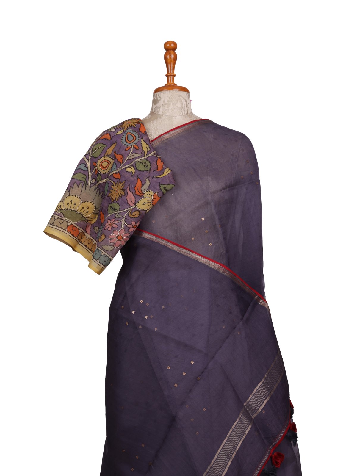Light Purplish Grey Organza Silk Saree With Kalamkari Blouse