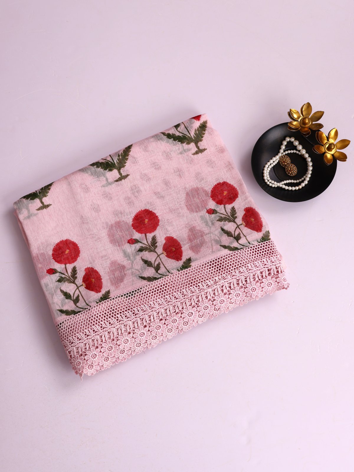 Baby Pink Printed Linen Saree With Lace Border