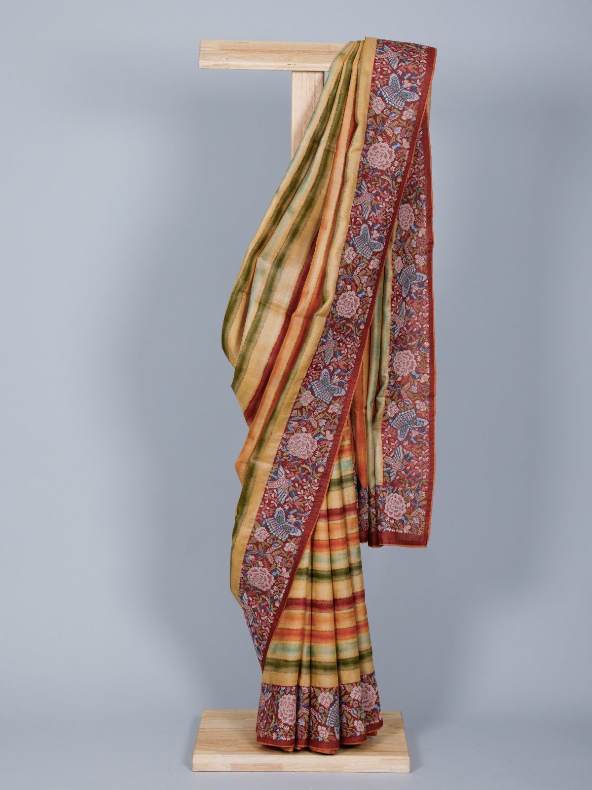 Multicolour Tussar Silk Saree with Floral Embroidery Border