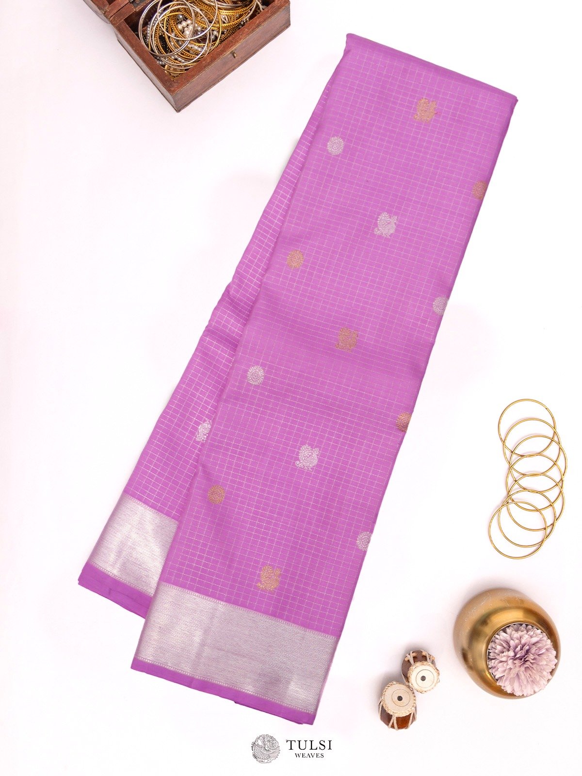 Lavender Pink Kanjeevaram Silk Saree with Self Zari Border