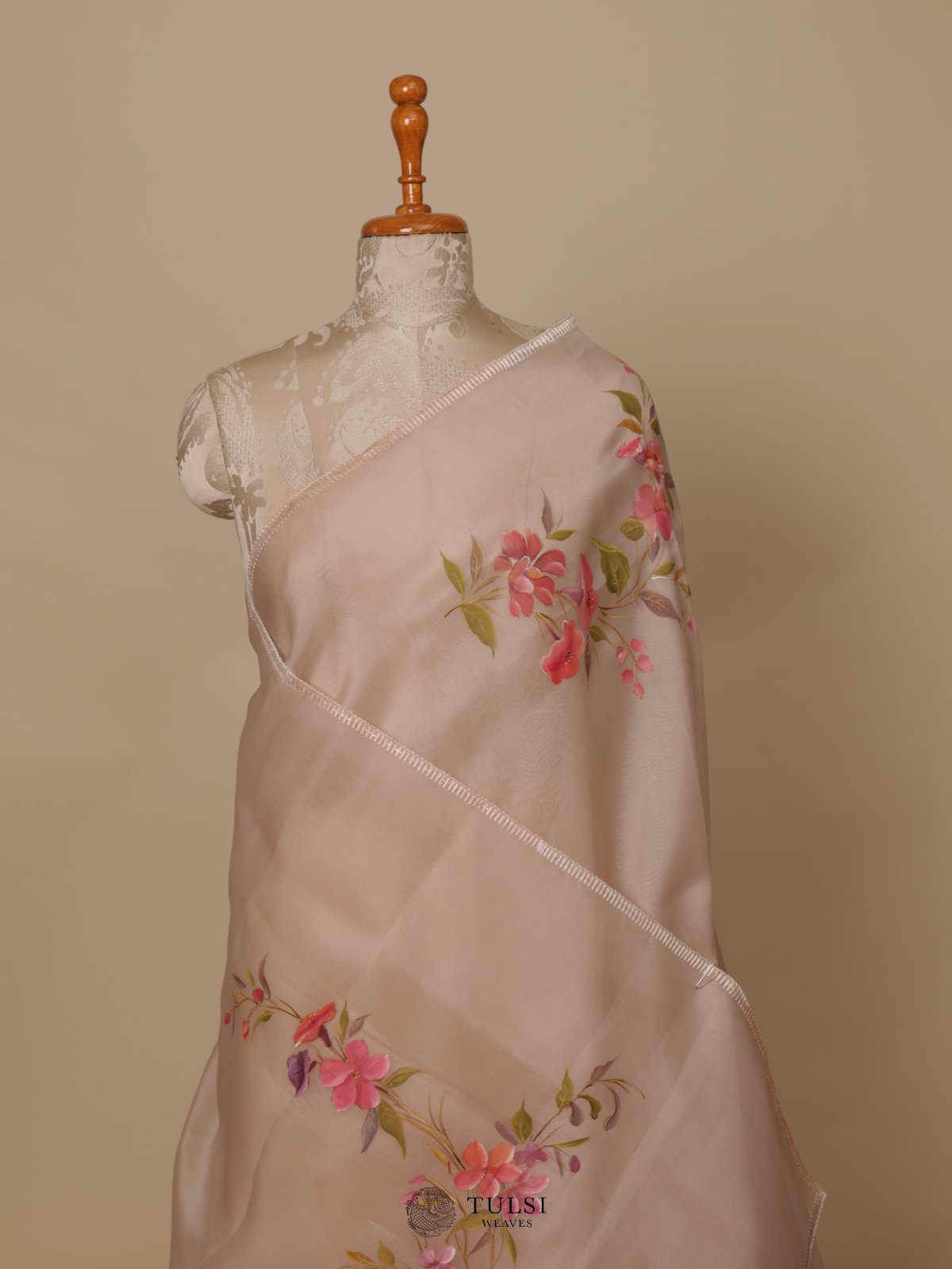 Light Beige Organza Hand Painted Saree