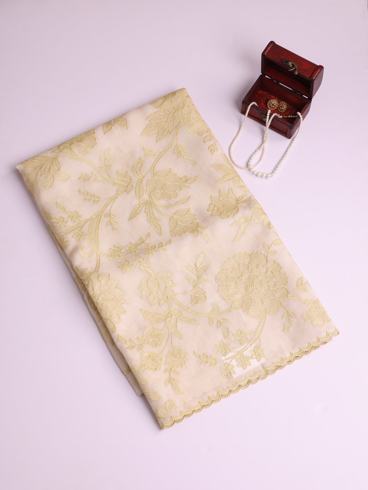 Cream Organza Silk Saree With Light Green Applique Work