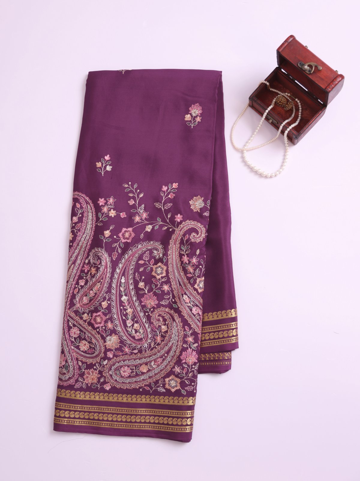Dusty Purple Embroidered Mysore Crepe Silk Saree