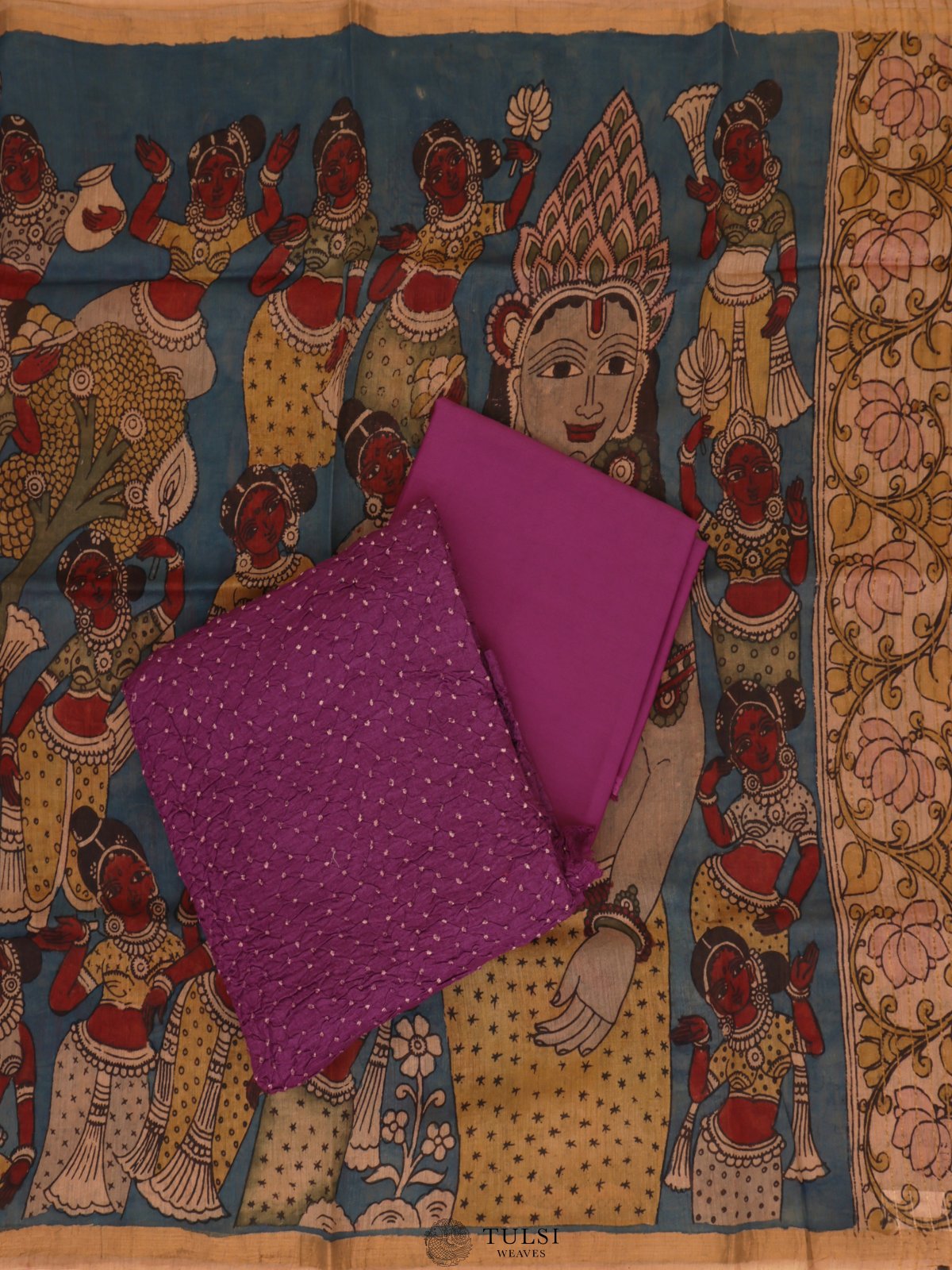 Purple Bandhini Salwar Material with Kalamkari Dupatta