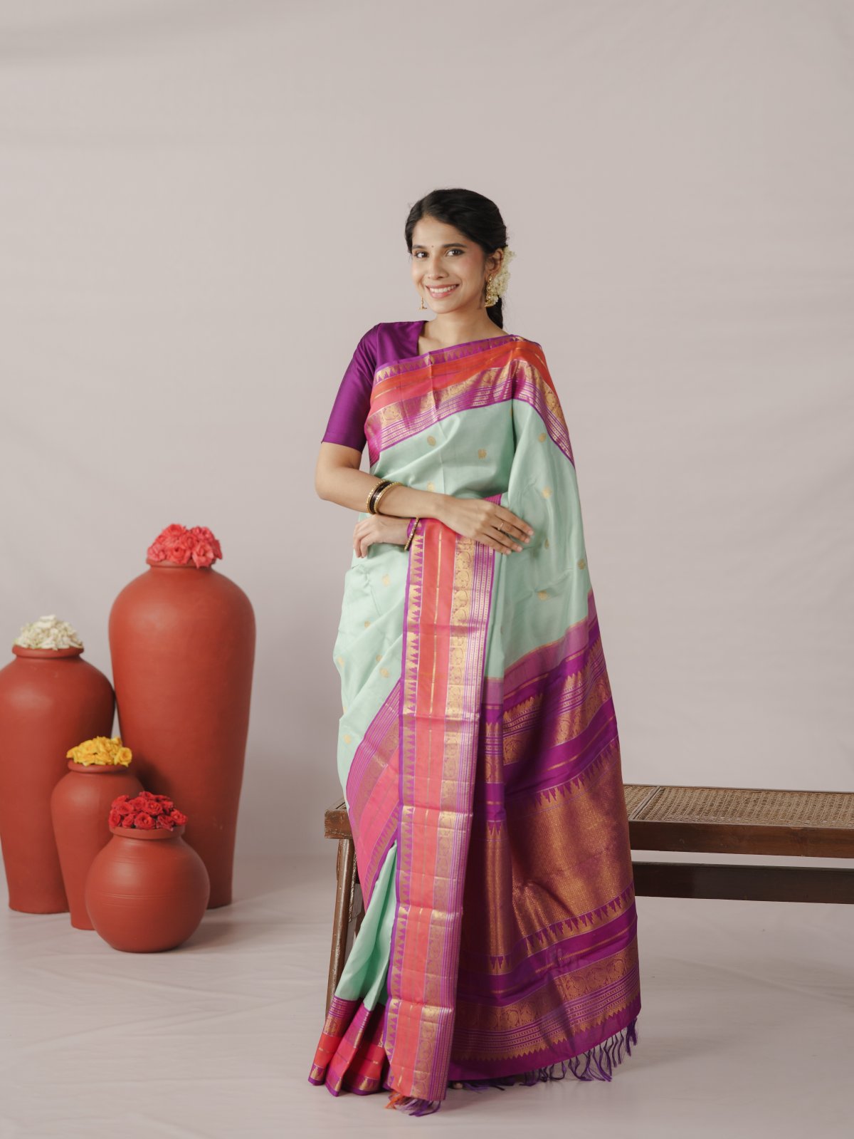 Pastel Green Kanjeevaram Silk Saree With Violet Border