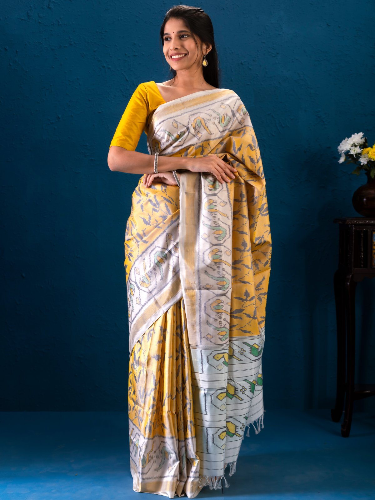 Mustard Patola Silk Saree With White Border