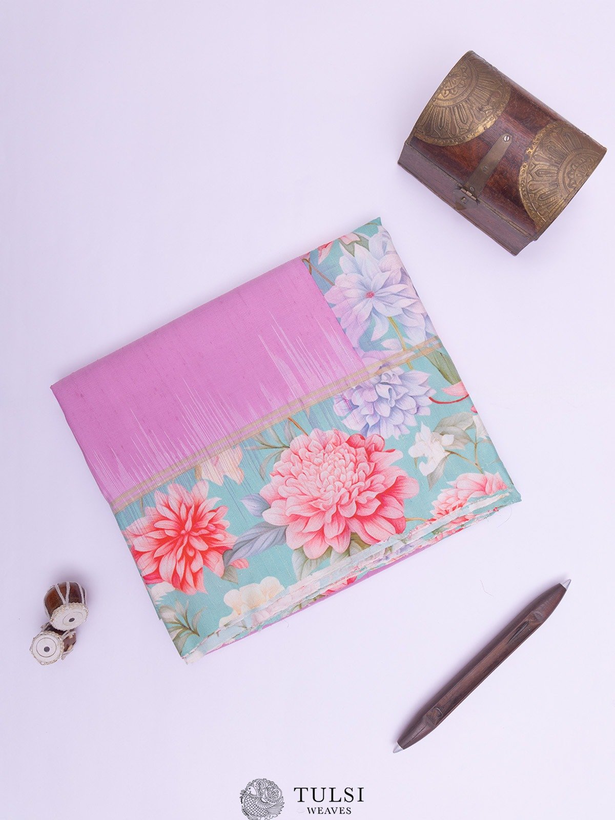 Lavender Raw Silk Saree With Floral Print Border