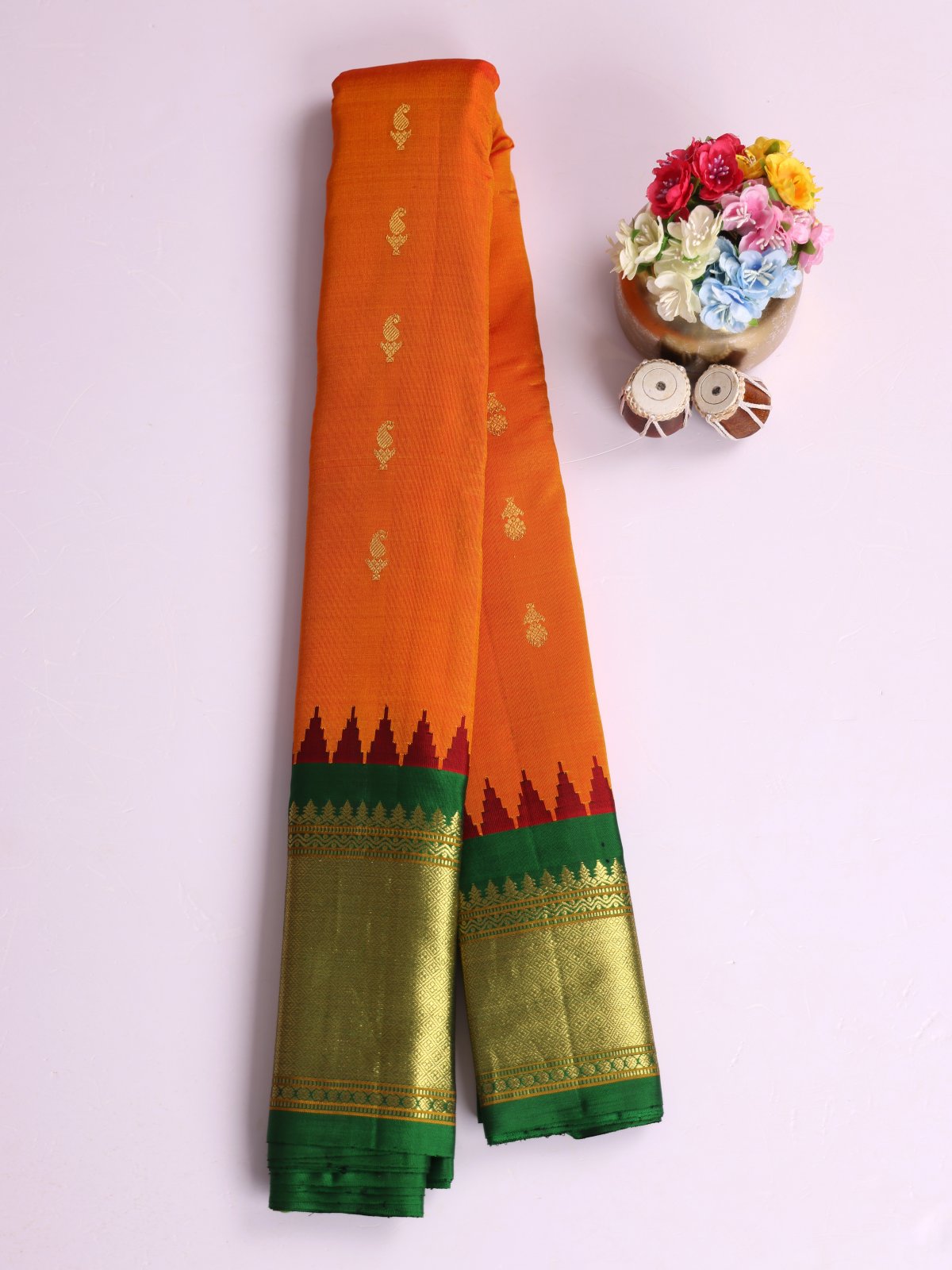 Yellowish Orange Gadwal Silk Saree With Green Border