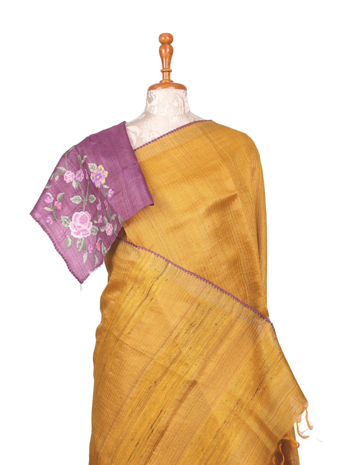 Mustard Yellow Zari Checked Tussar Embroidered Silk Saree With Embroidered Blouse