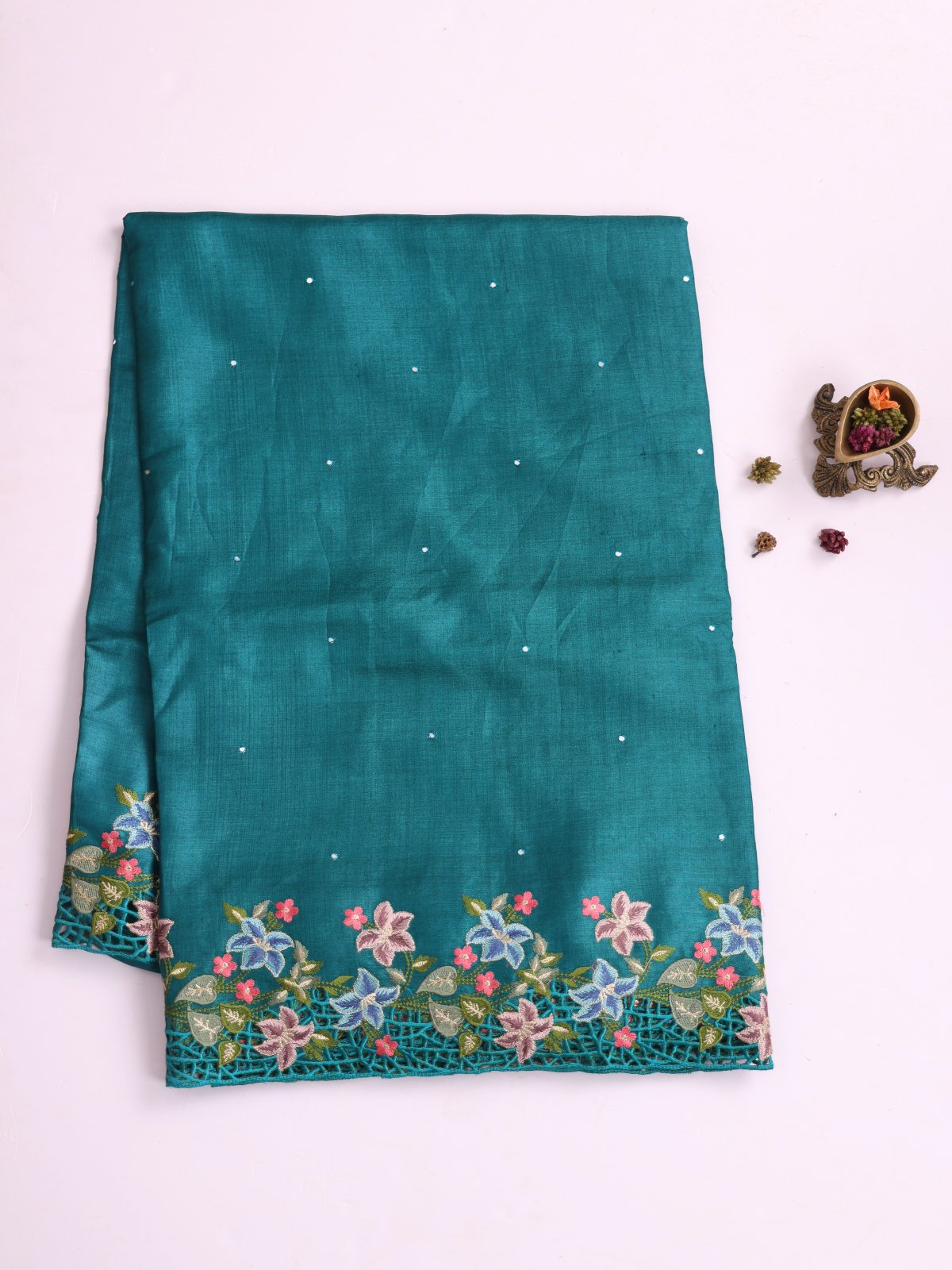 Teal Blue Tussar Silk Saree With Embroidered Cutwork Border