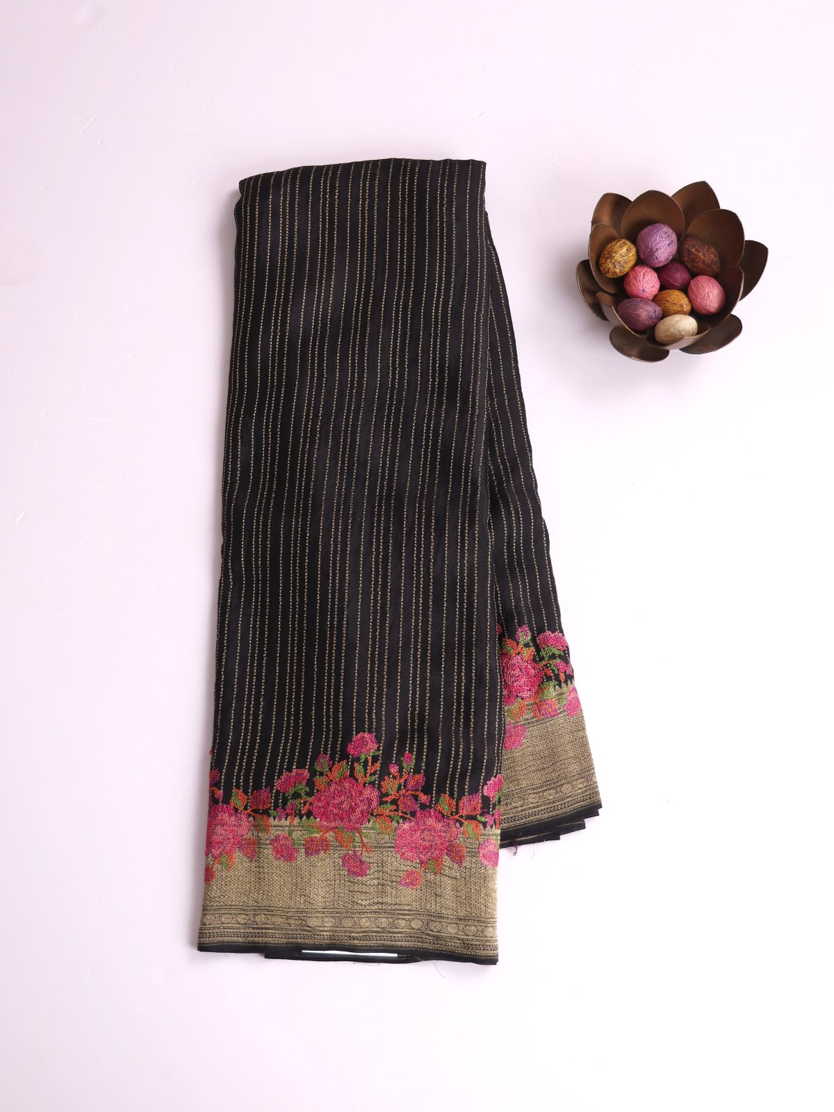 Black Crepe Silk Saree With Embroidered Border