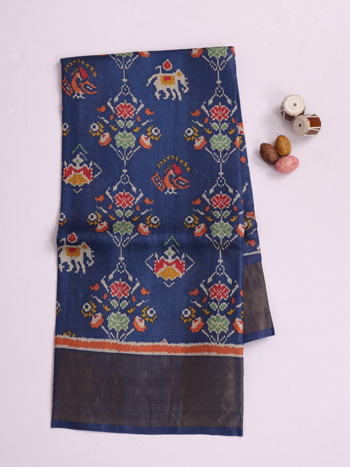 Blue Printed Tussar Silk Saree With Tissue Border