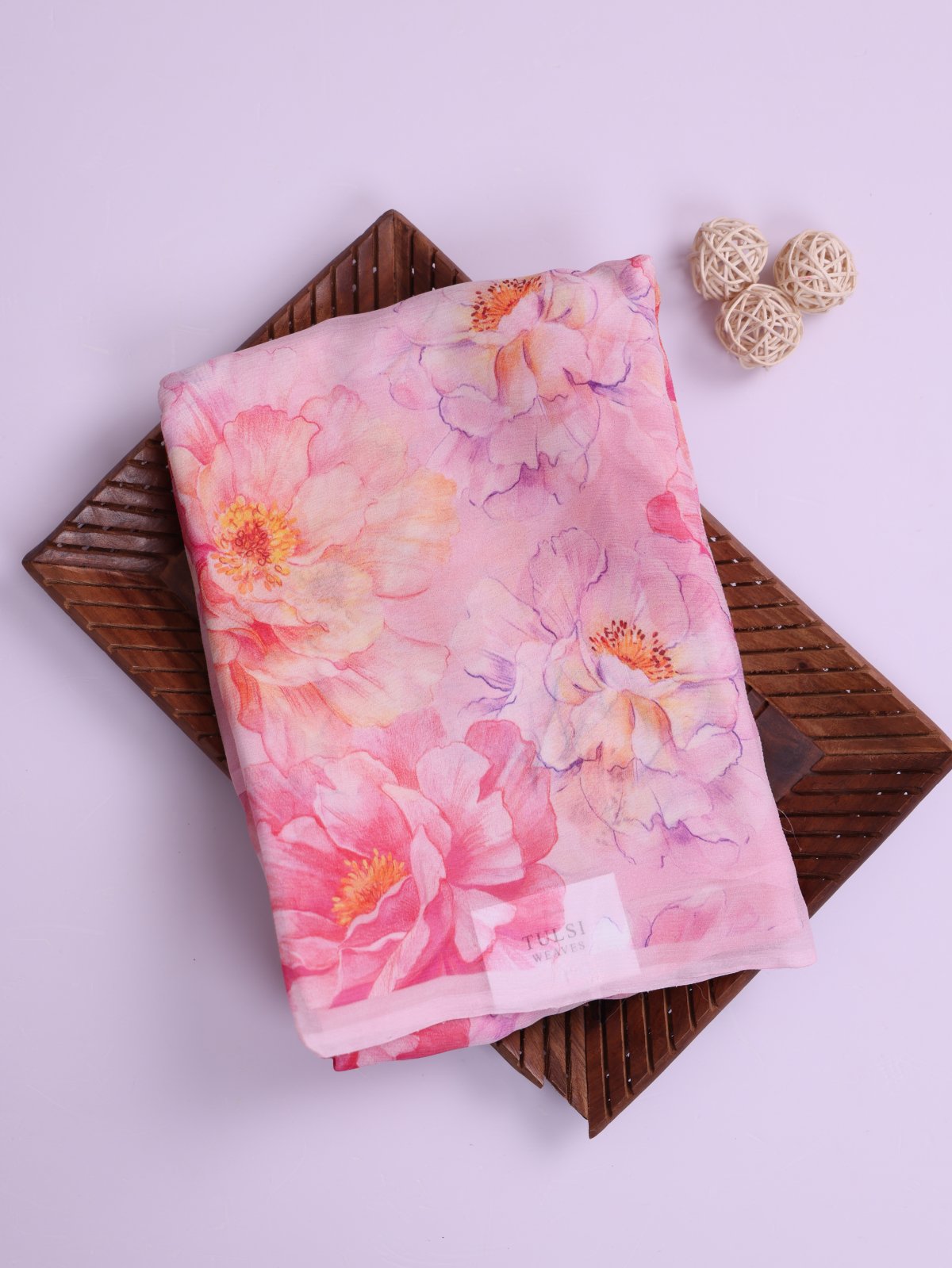 Baby Pink  Floral Printed Chiffon Saree 