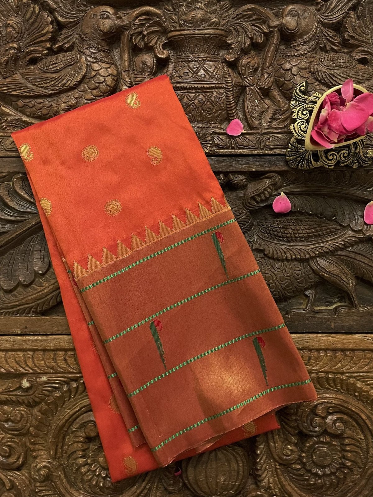 Orange Red Paithani Silk Blouse With Temple Border