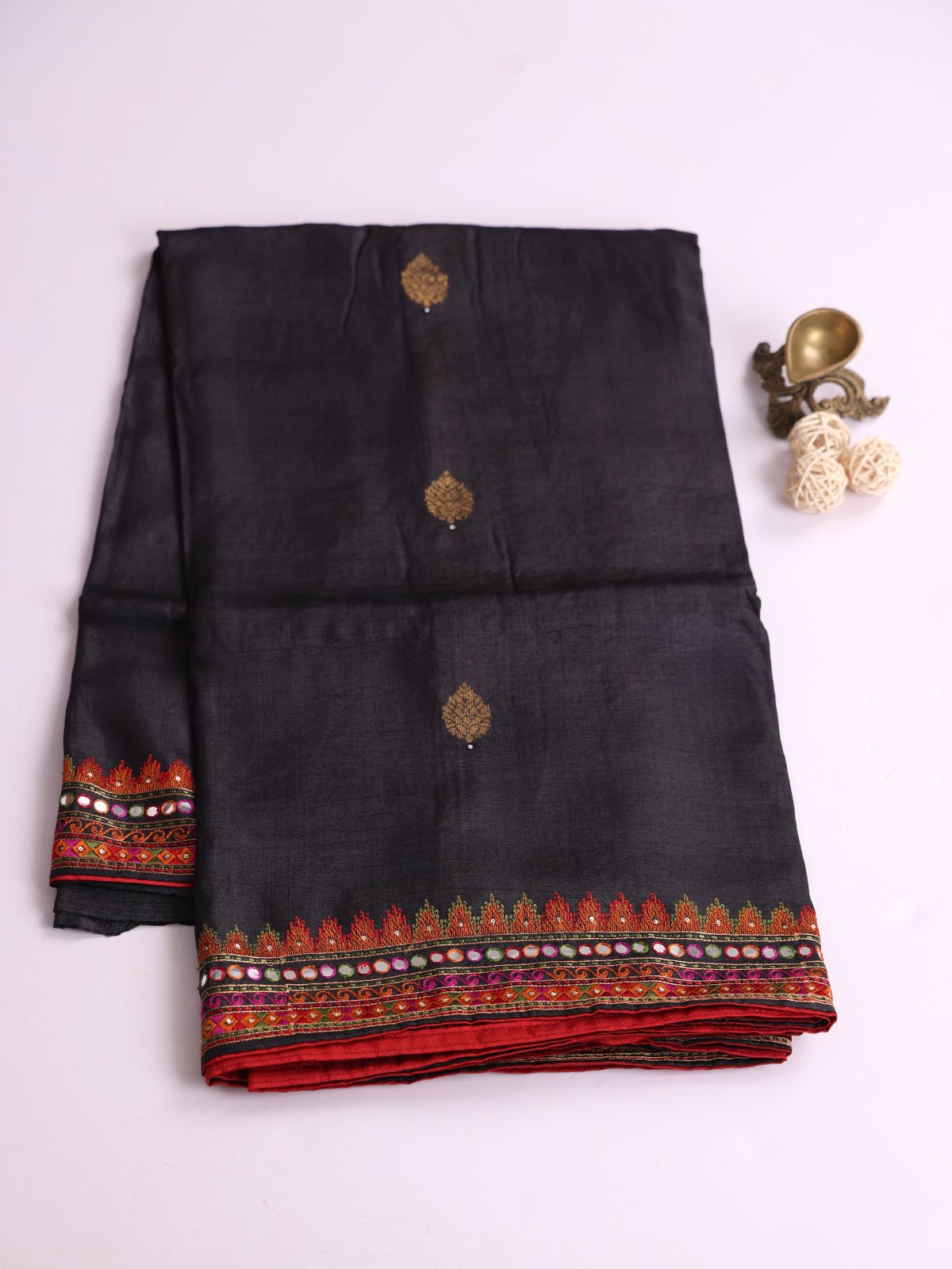 Black Tussar Silk Saree With Embroidered Border