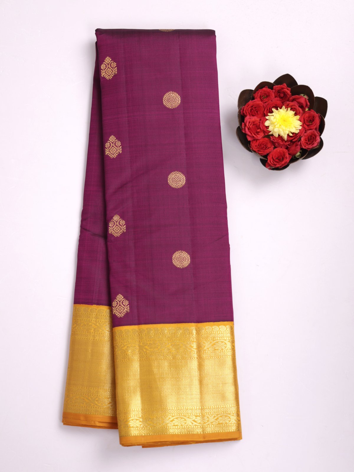 Dark Purple Kanjeevaram Silk Saree With Mustard Yellow Zari Border