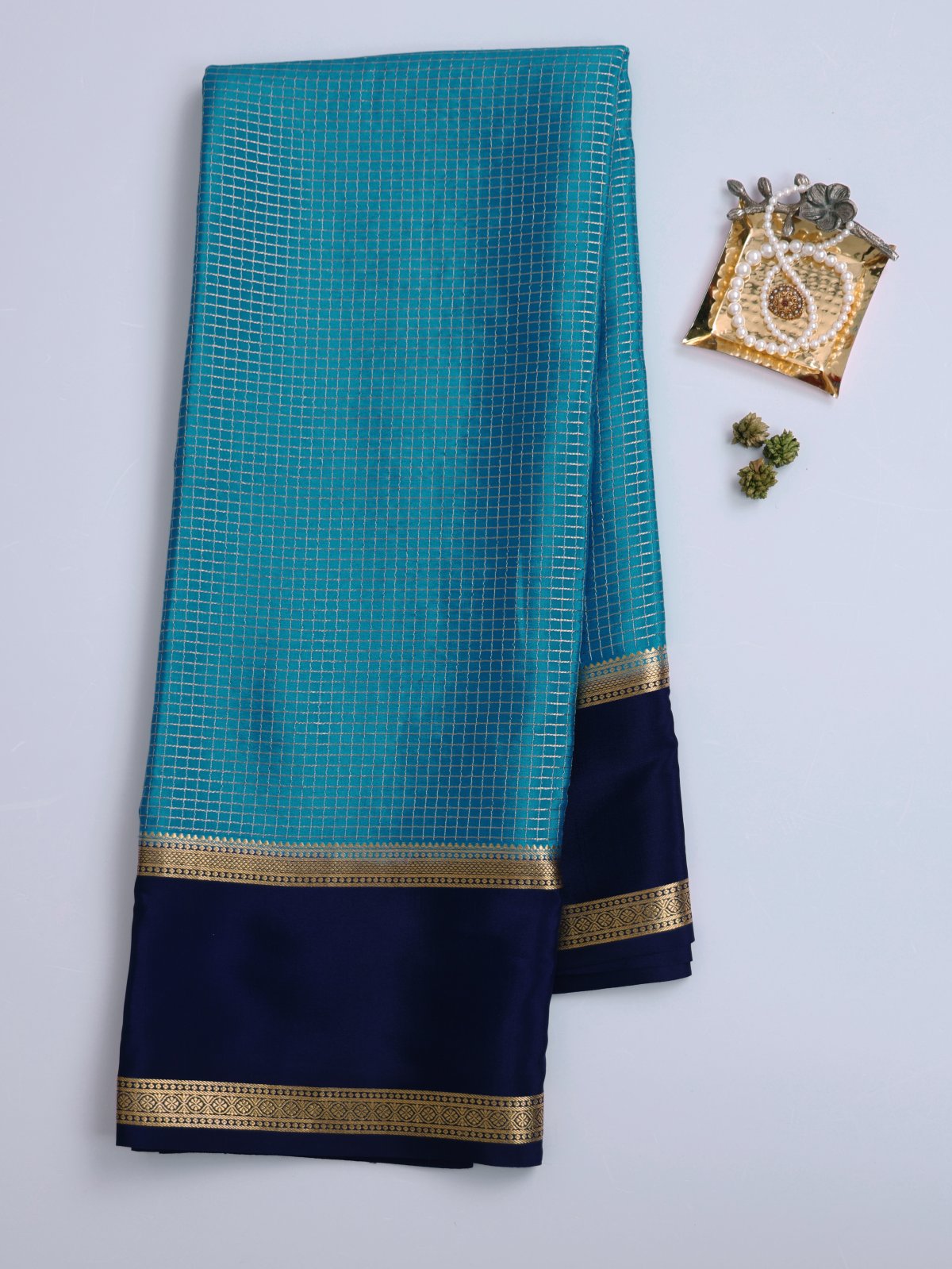 Anandha Blue Zari Checked Mysore Silk Saree With Dark Purpleish Blue Border
