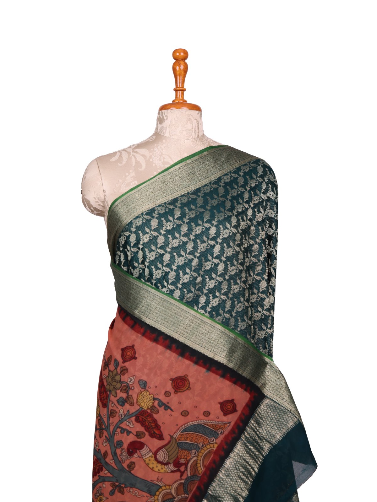 Bottle Green Mysore Crepe Silk Saree With Kalamkari Pallu