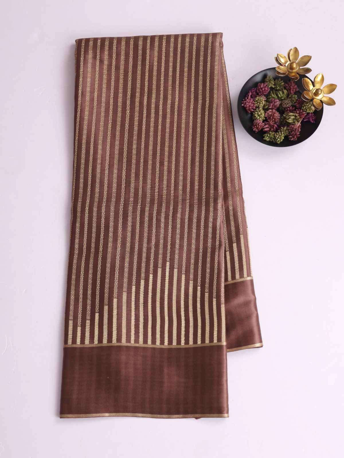Brown Zari Striped Mysore Silk Saree With Satin Border