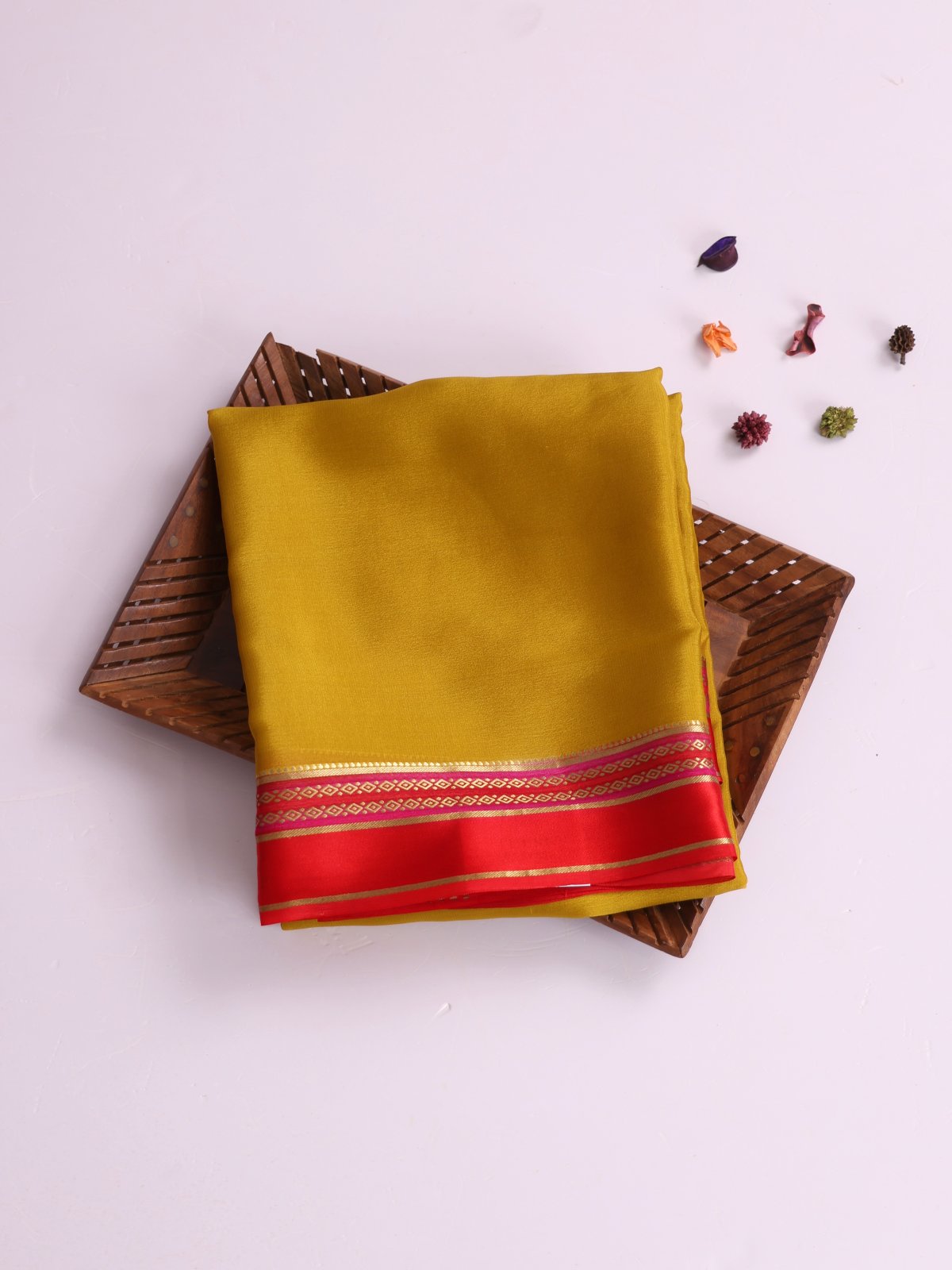 Mustard Yellow Mysore Silk Saree With Red Satin Border
