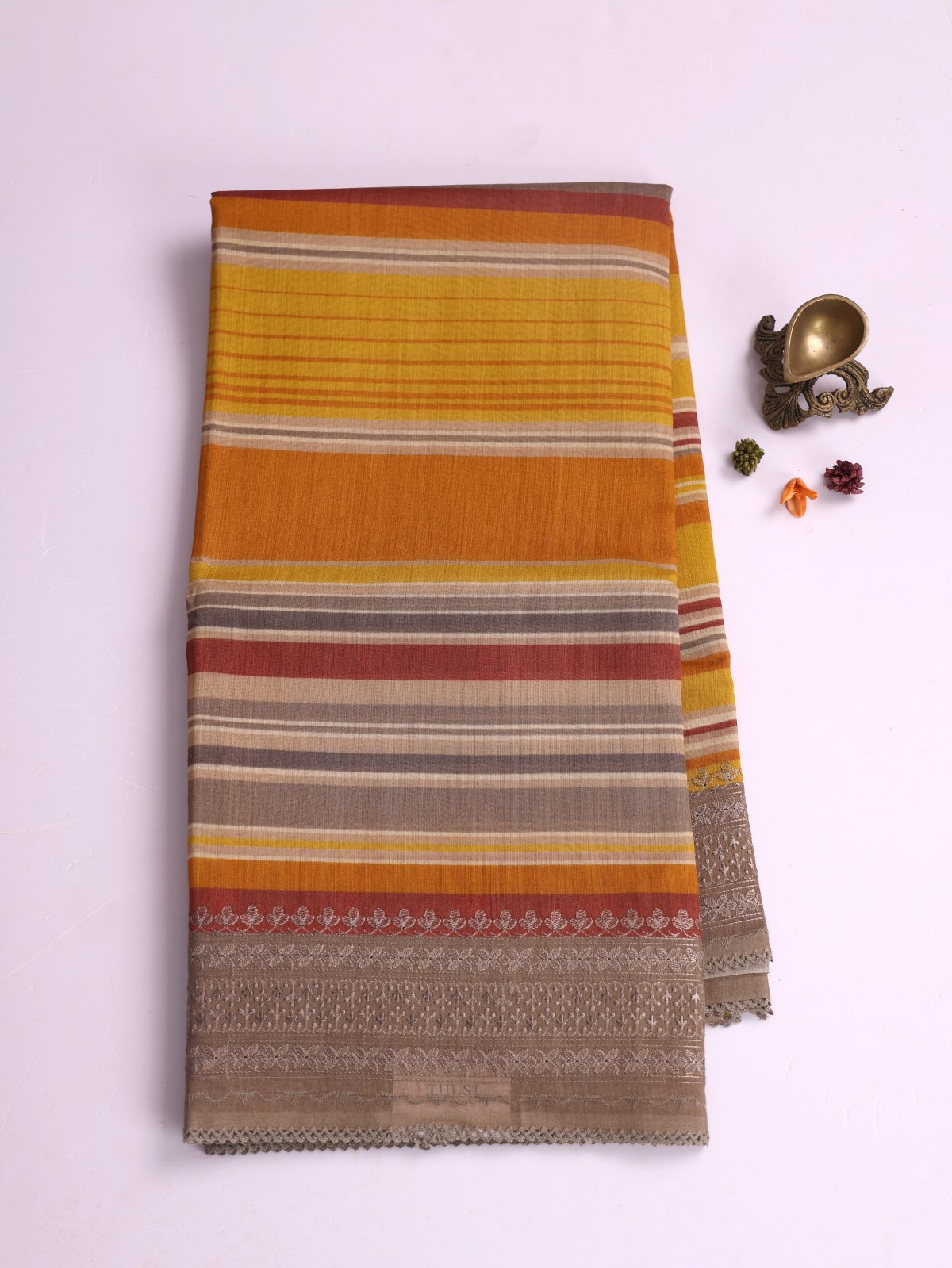 Multi color Striped Printed Tussar Silk Saree With Greige Embroidered Border 