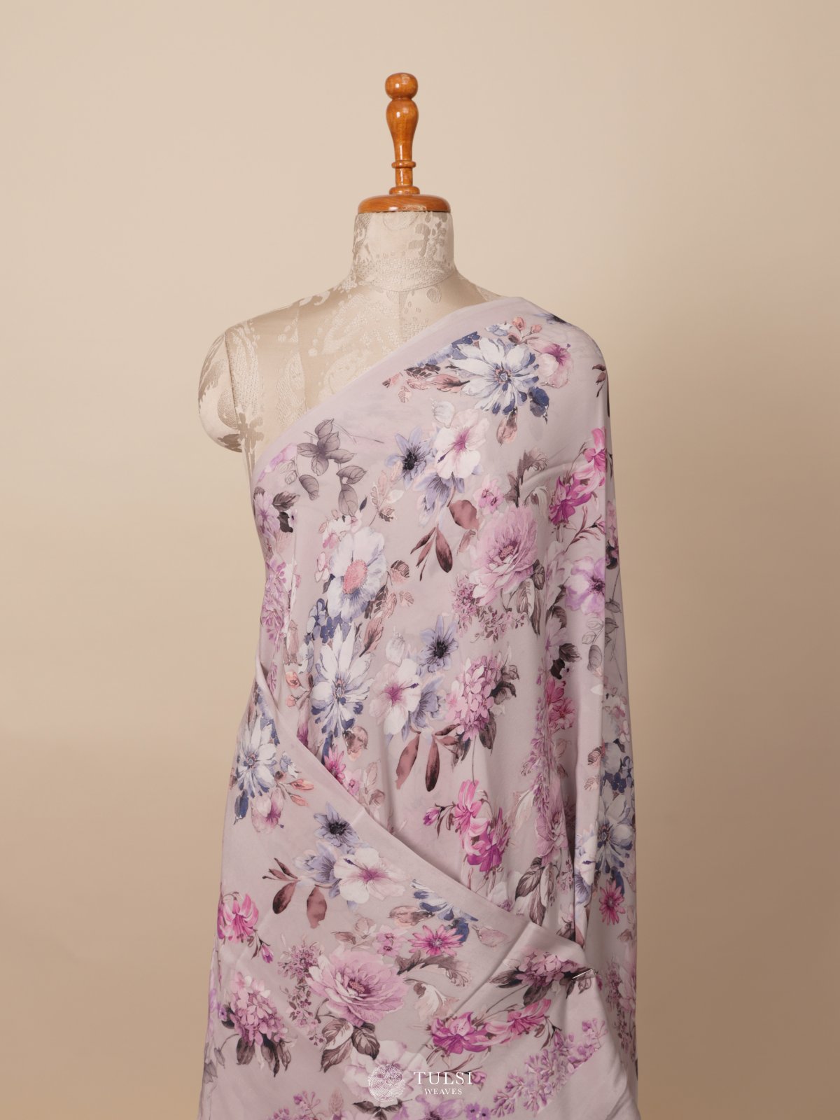 Light Grey Floral Printed Crepe Silk Saree