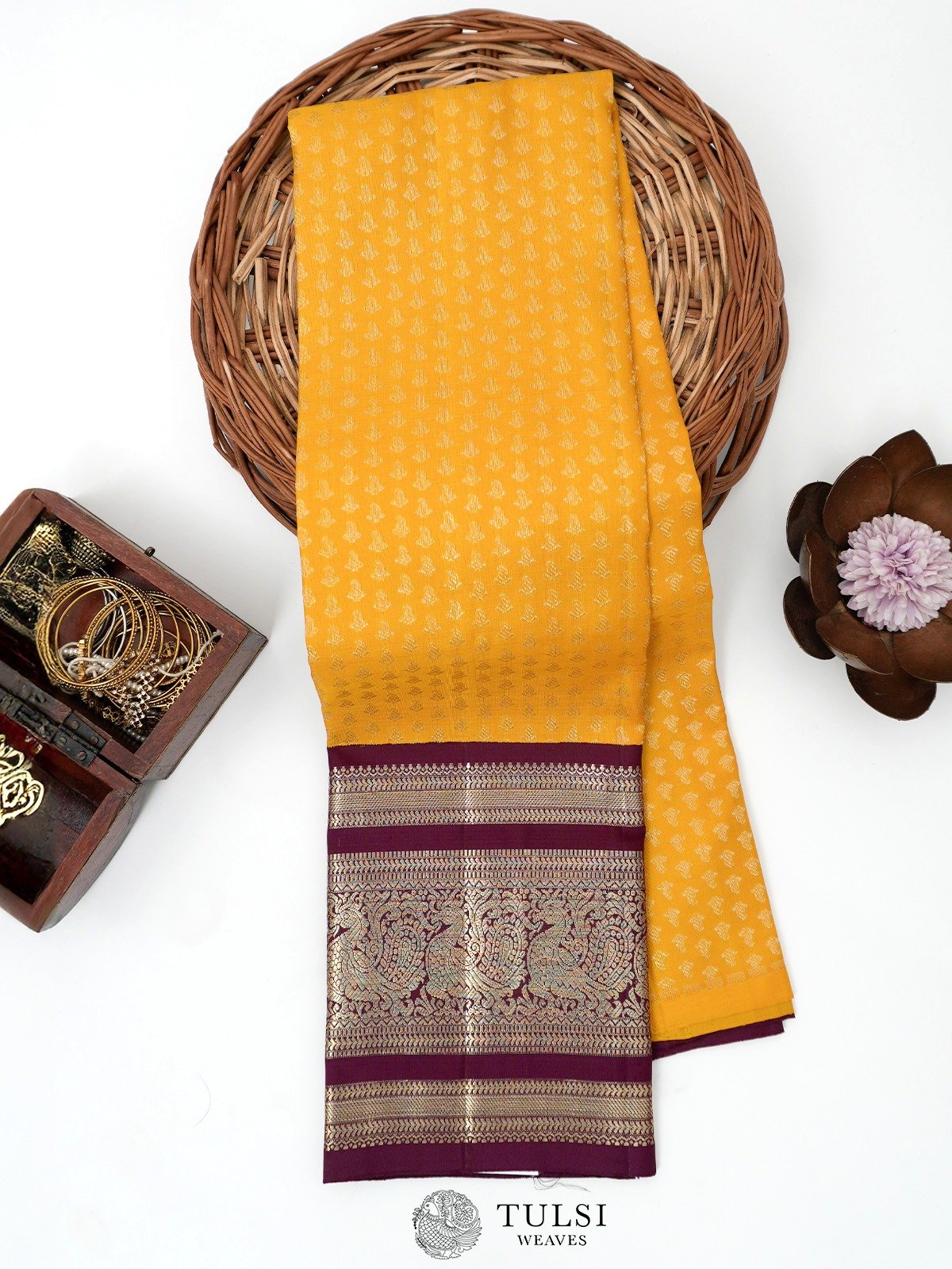 Mustard Kanjeevaram Silk Pavadai with Magenta Border