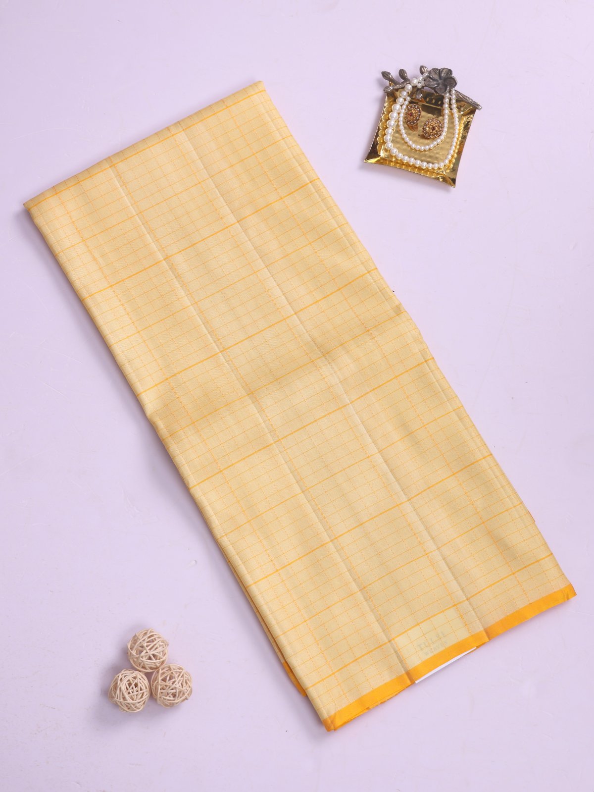 Pastel Yellow Checked Soft Silk Tussar Saree
