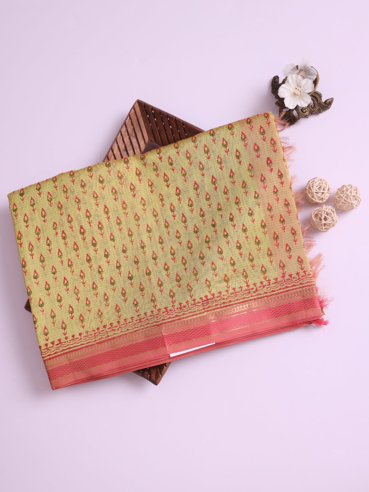 Greenish Yellow Maheshwari Cotton Saree