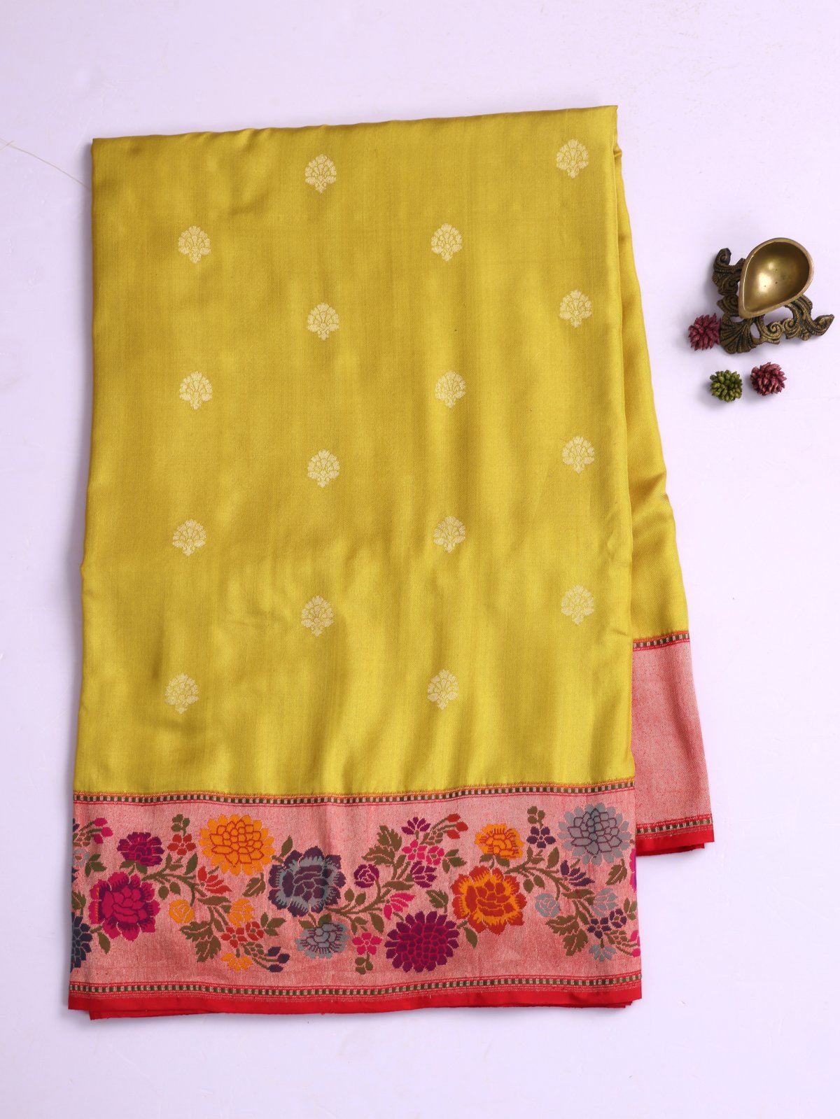 Greenish Yellow Banaras Silk Saree With Red Zari Border