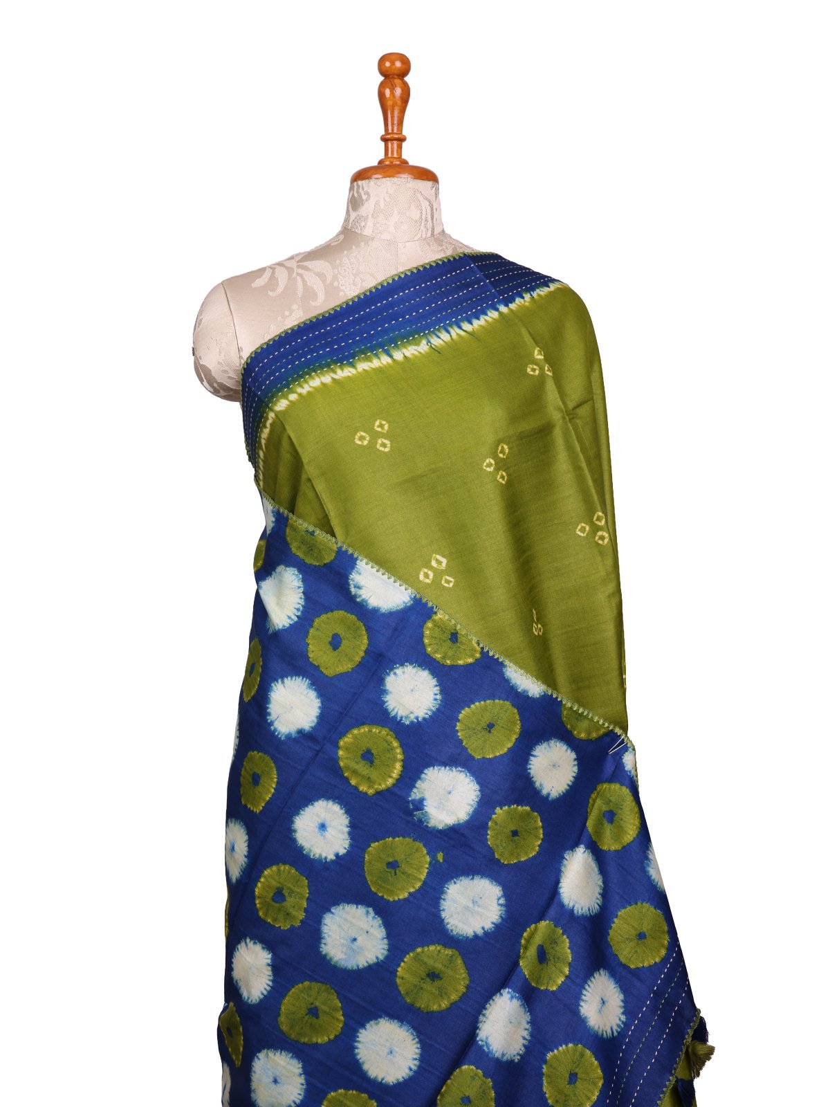 Mehndi Green Shibori Tussar Silk Saree With Kantha Embroidery