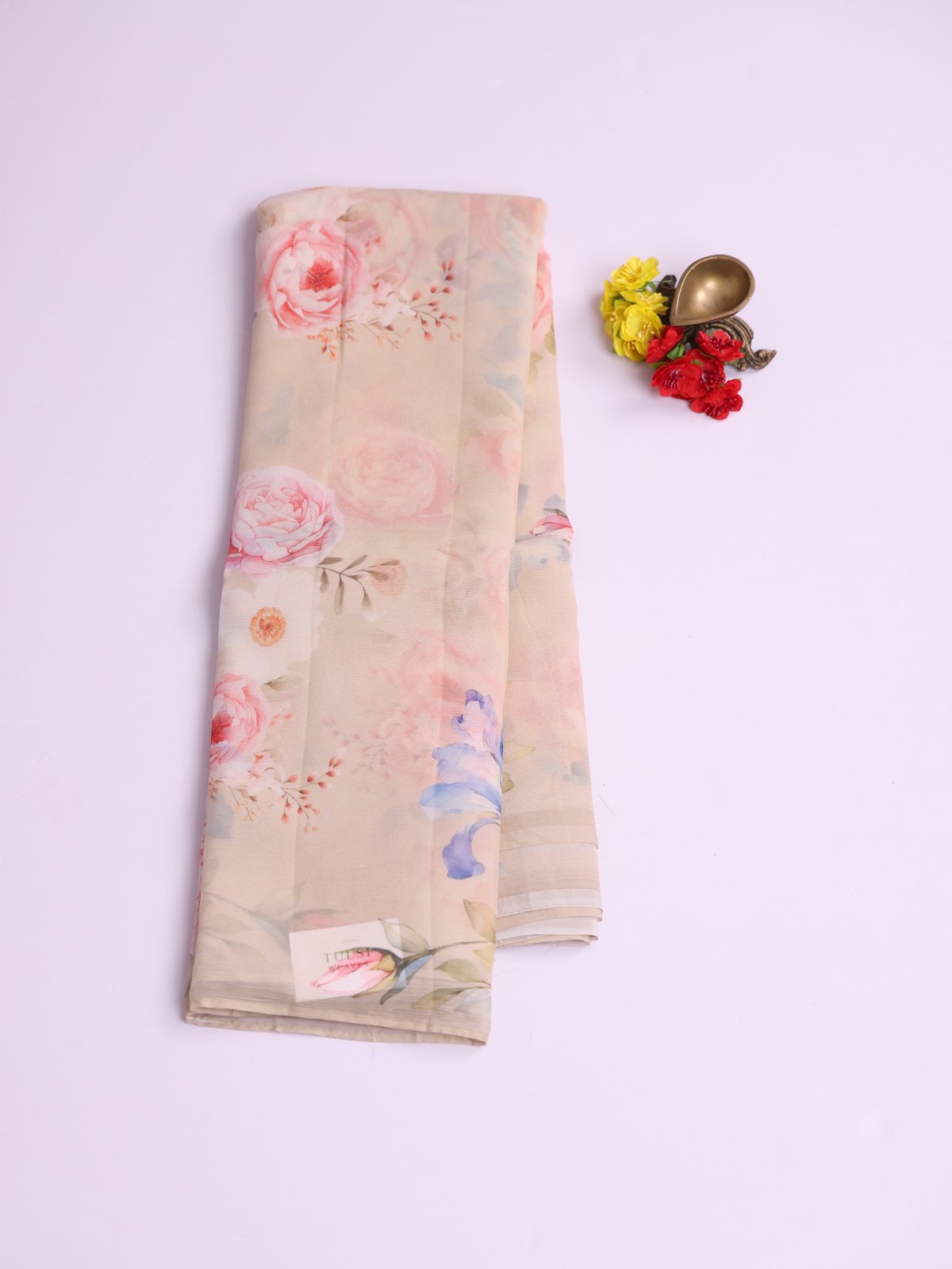 Beige  Floral Printed Chiffon Saree