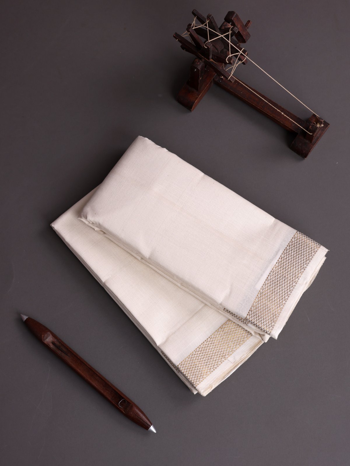 Off-White Khadi Dhoti And Vasthram With Zari Border