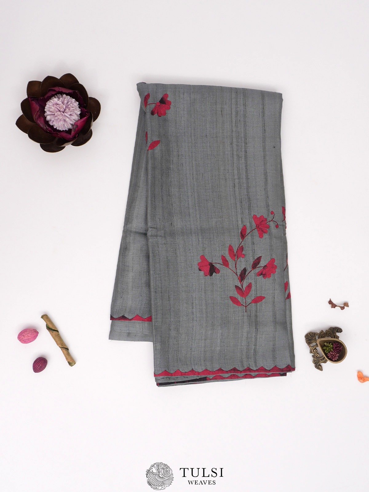 Grey Tussar Silk Saree with Applique Work