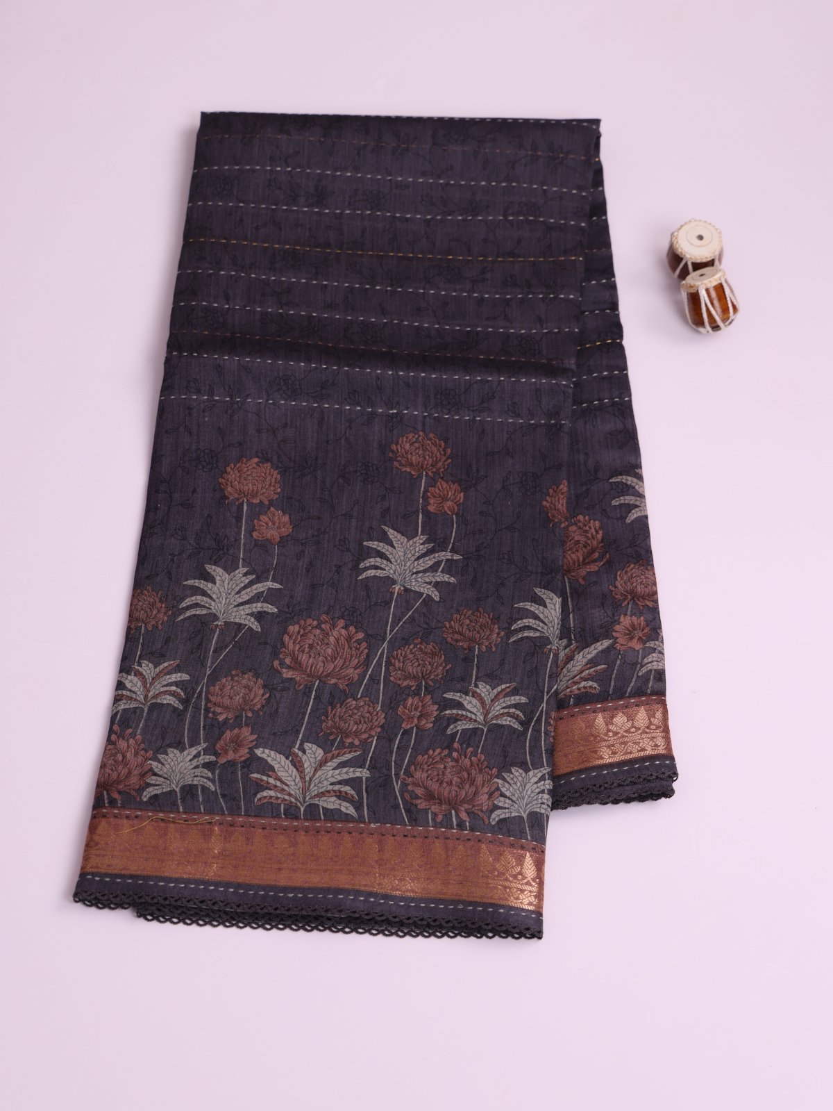 Dark Gray Printed Munga Silk Saree With Kantha Embroidery