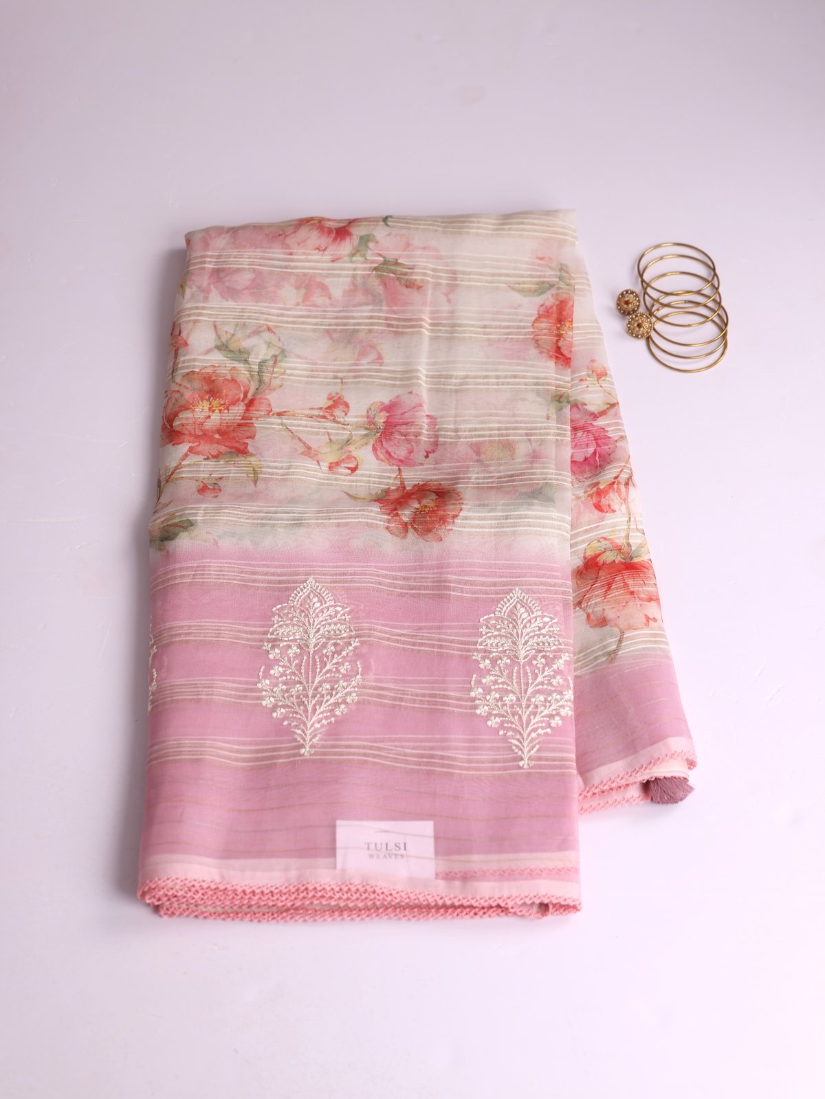 Off White Printed Organza Silk Saree With Pink Embroidered Border