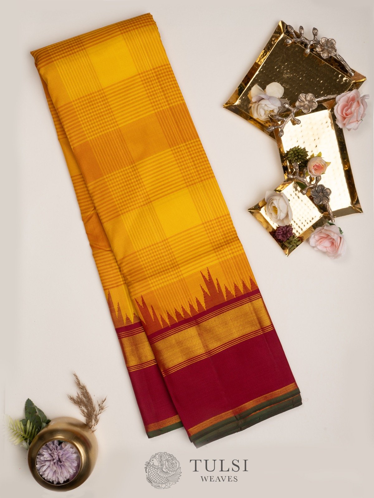 Yellow Kanjeevaram Silk saree with Korvai Border