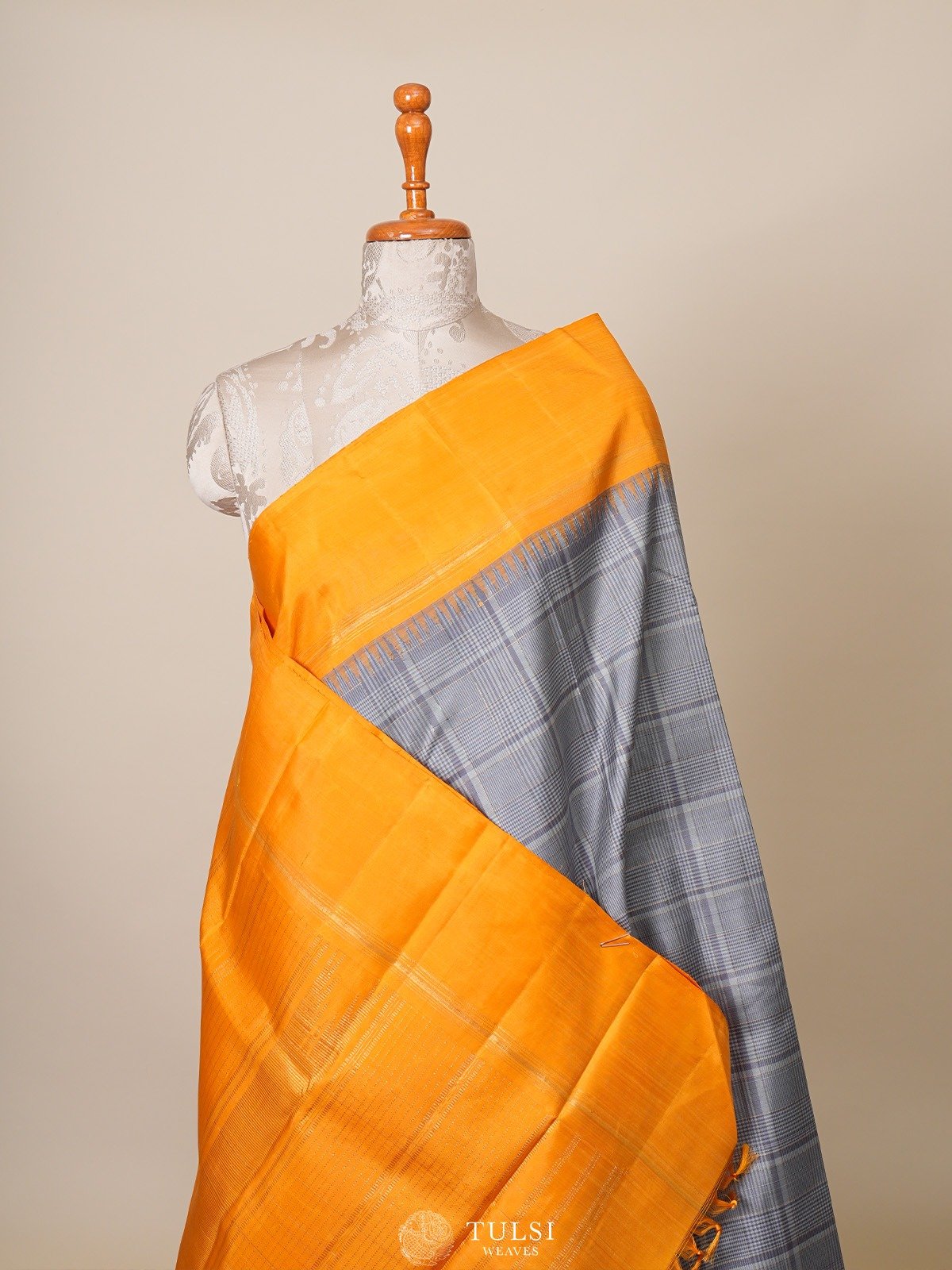 Grey Checked Kanjeevaram Silk Saree