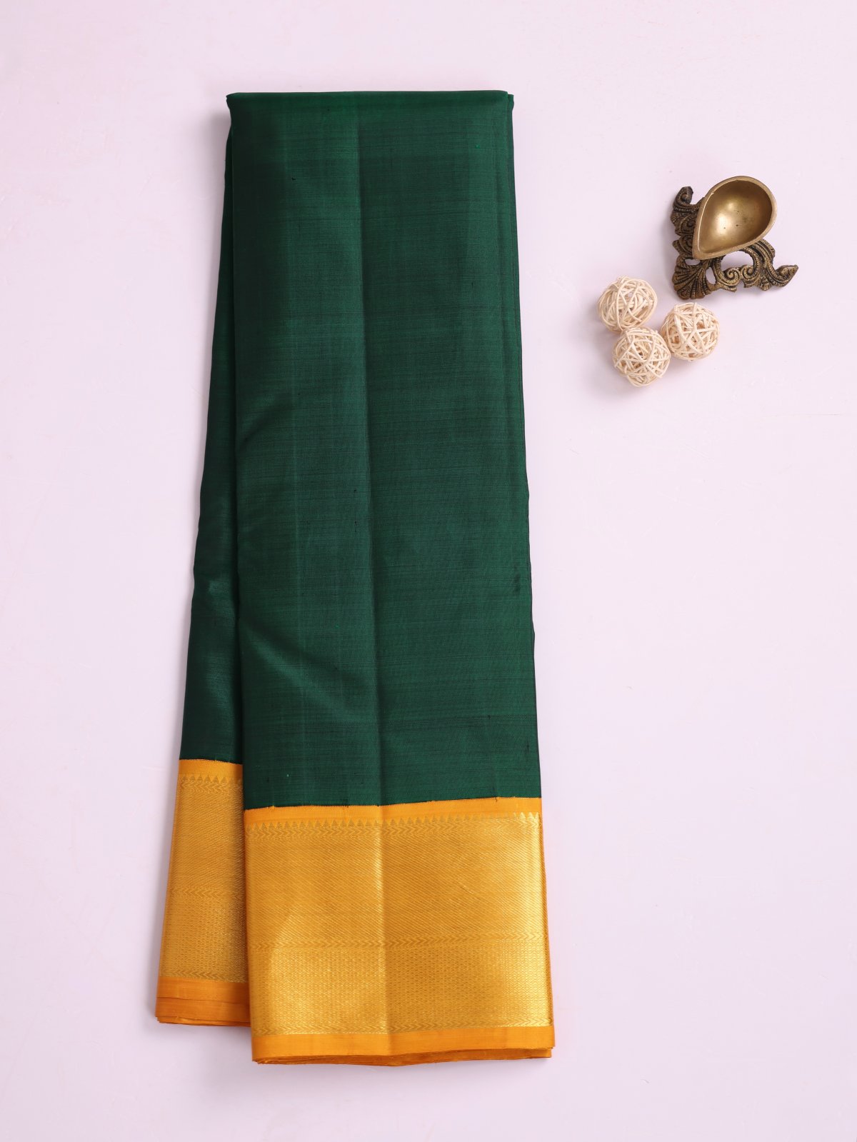 Bottle Green Kanjeevaram Silk Saree With Mustard Yellow Zari Border