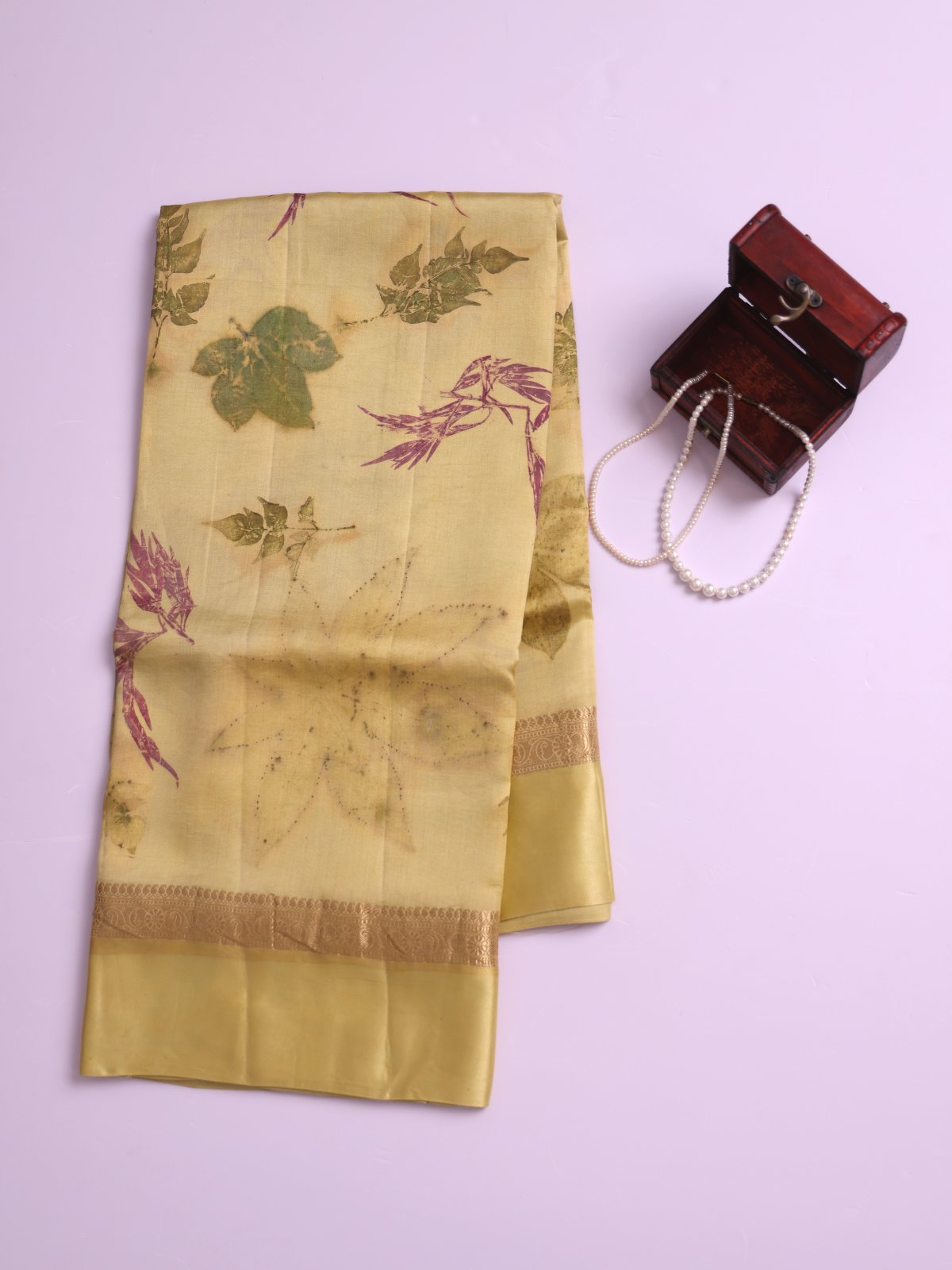 Light Yellow Eco Print Tussar Silk Saree with Self Satin Border