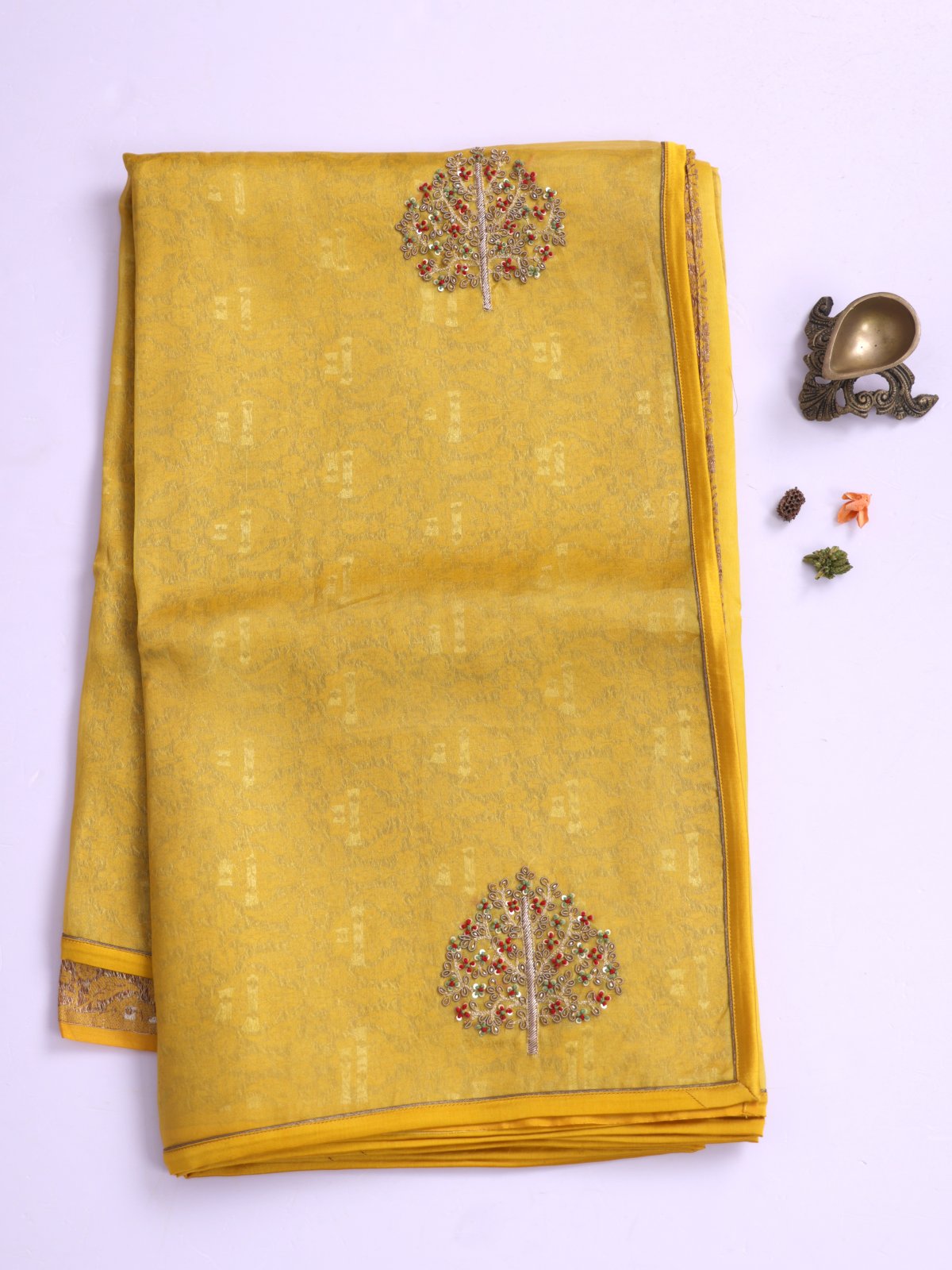 Yellow Embroidered Organza Silk Saree