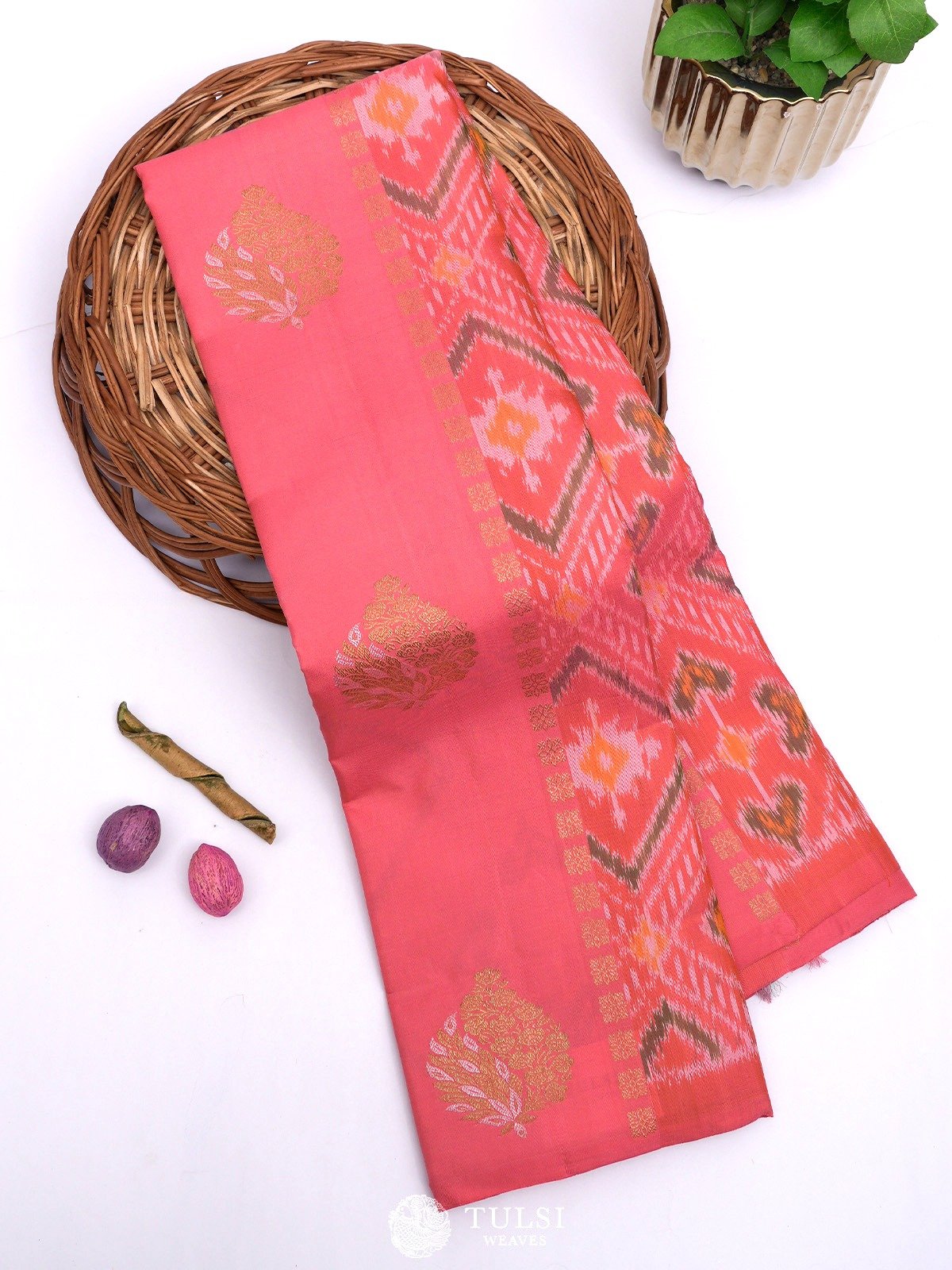 Reddish Pink Blue Kanjeevaram Ikat Silk Saree