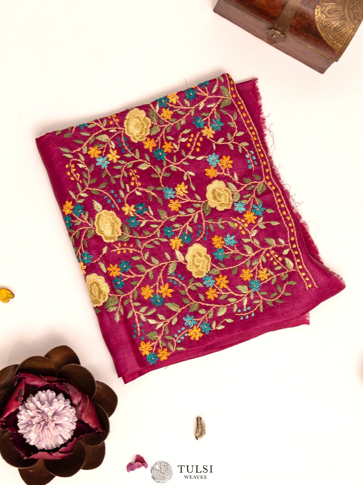 Dark Magenta Tussar Blouse With Floral Embroidery