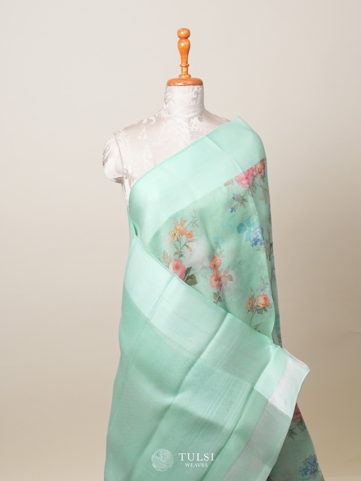 Seafoam Green Floral Printed Organza Silk Saree