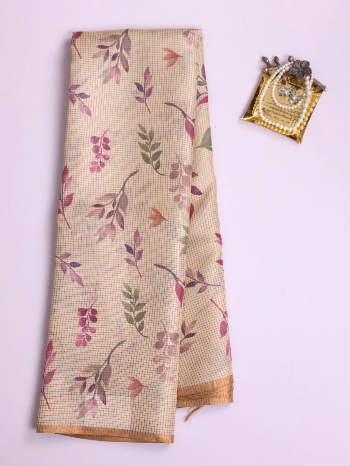 Off-White Zari Checked Printed Tussar Silk Saree