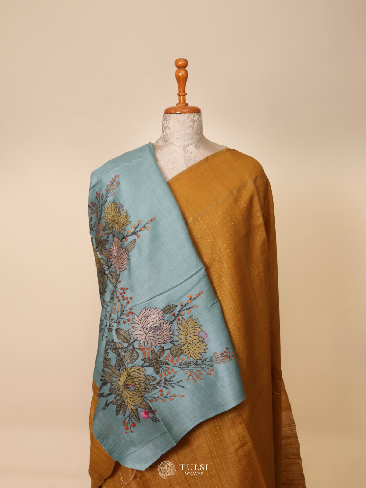 Mustard Yellow Tussar Silk Saree with Kantha Embroidery