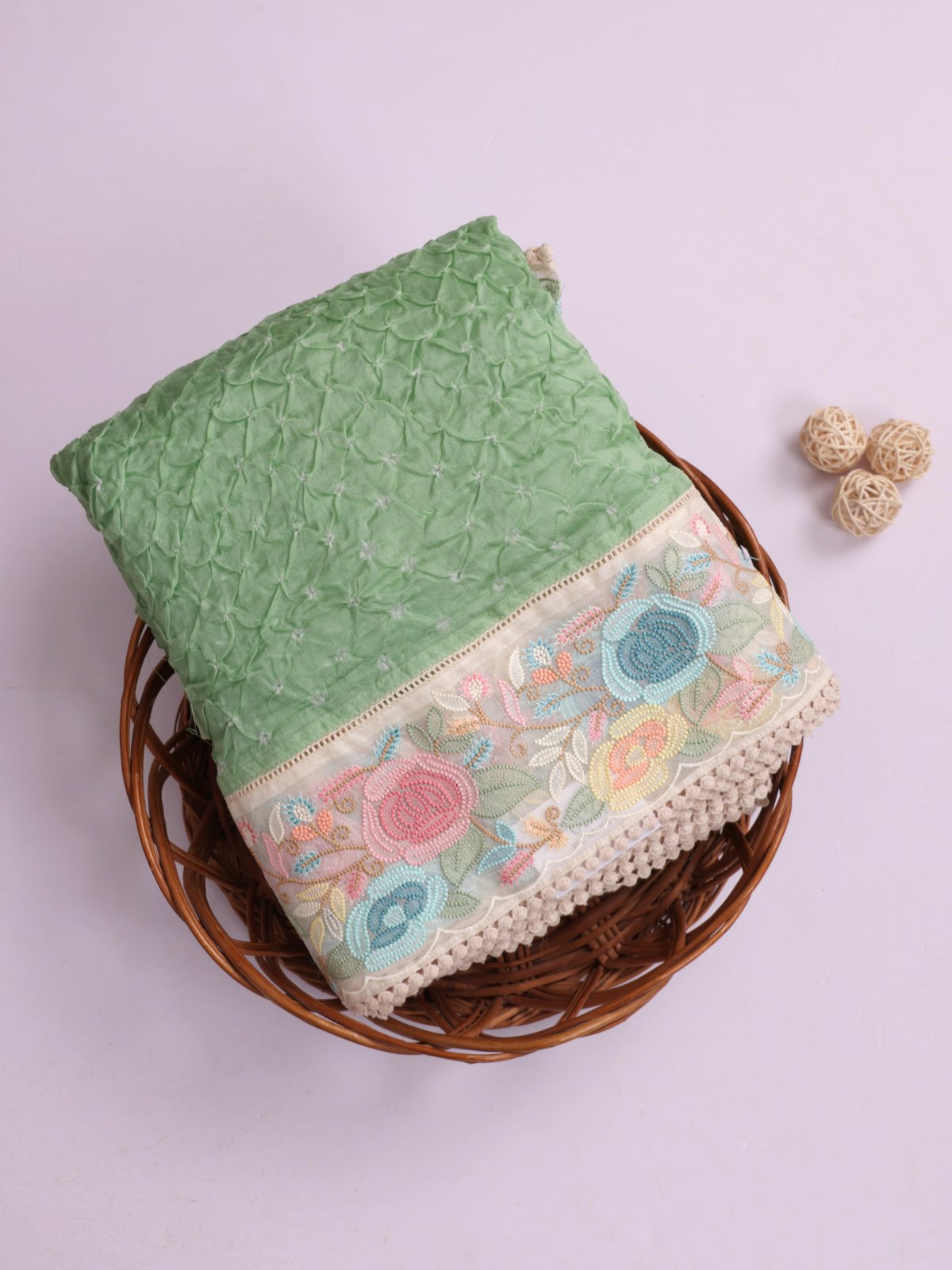 Light Green Bandhini Organza Silk Saree with Embroidered Border